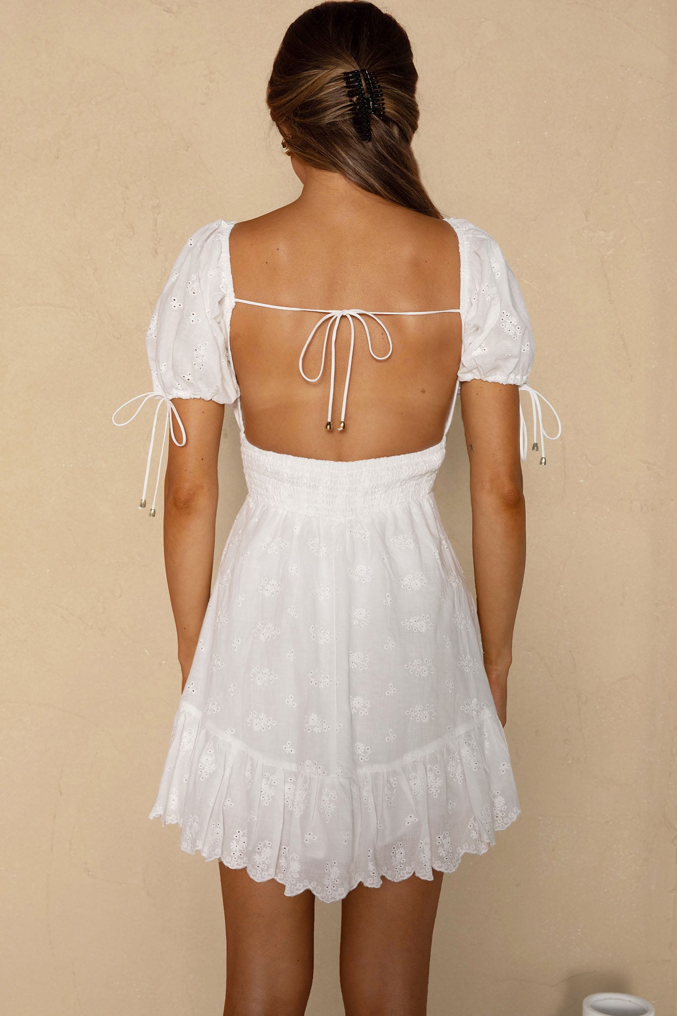 Sweet Devotion Puff Sleeve Shirred Waist Eyelet Mini Dress White-Maymioy