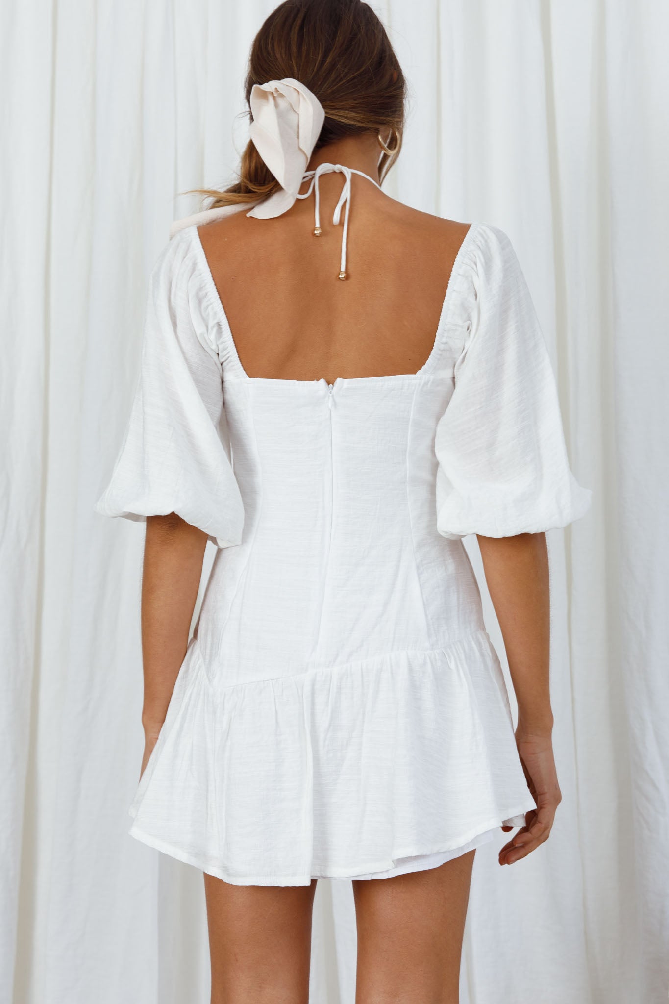 Summertime String-Tie Halterneck Puff Sleeve Mini Dress White-Maymioy