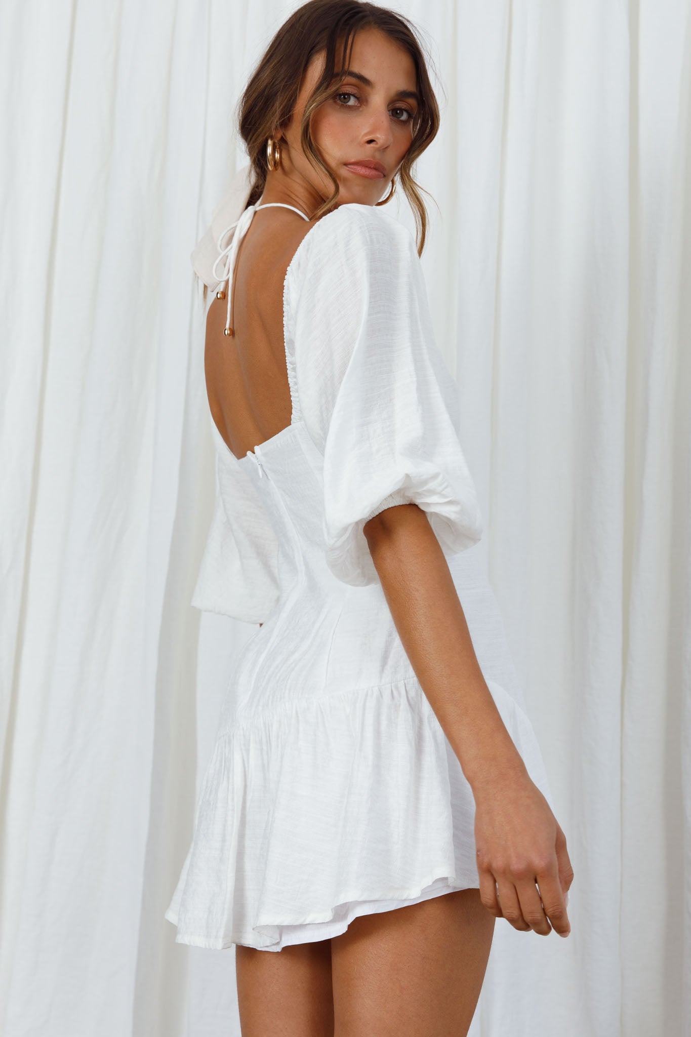 Summertime String-Tie Halterneck Puff Sleeve Mini Dress White-Maymioy