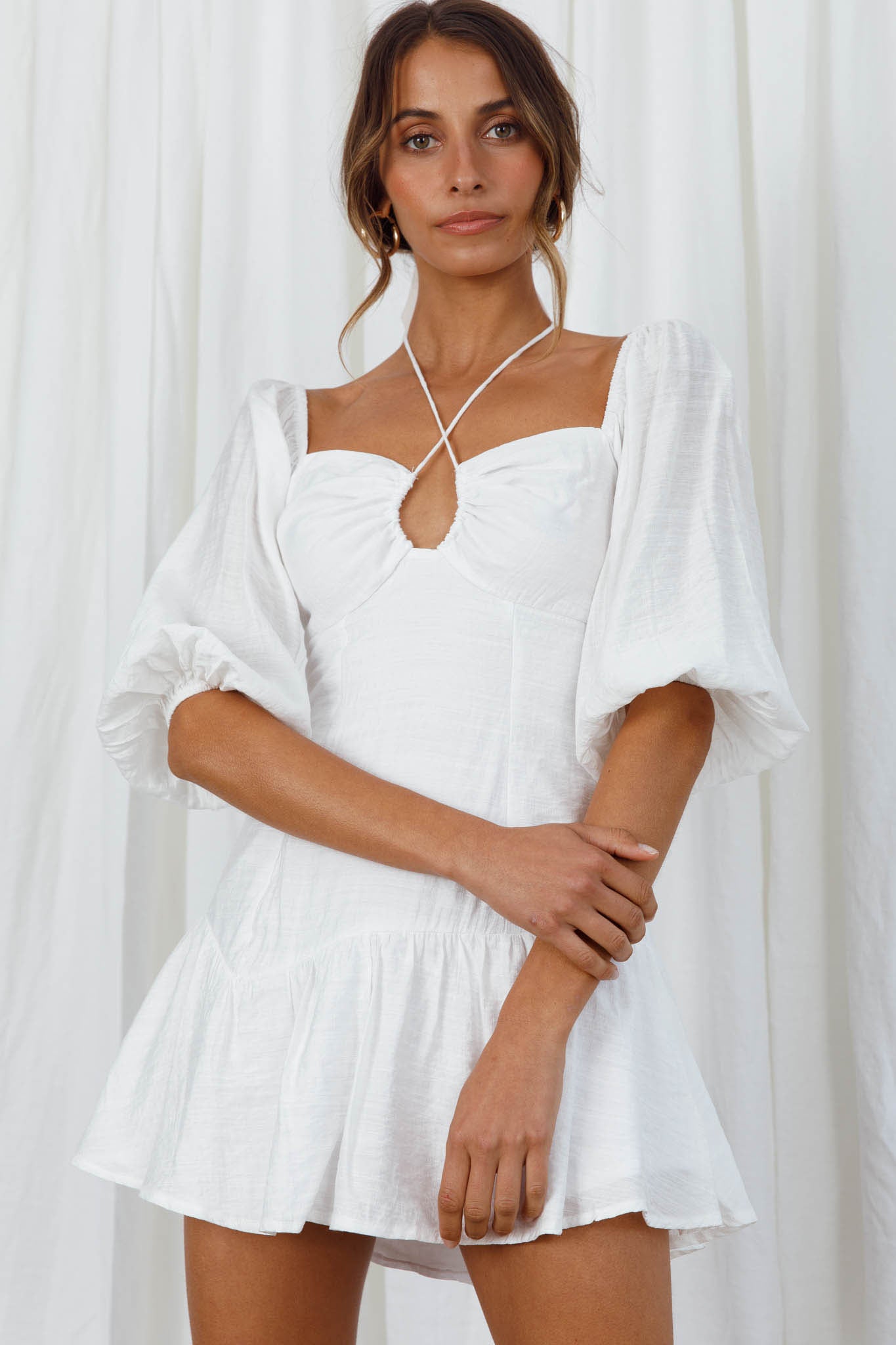 Summertime String-Tie Halterneck Puff Sleeve Mini Dress White-Maymioy