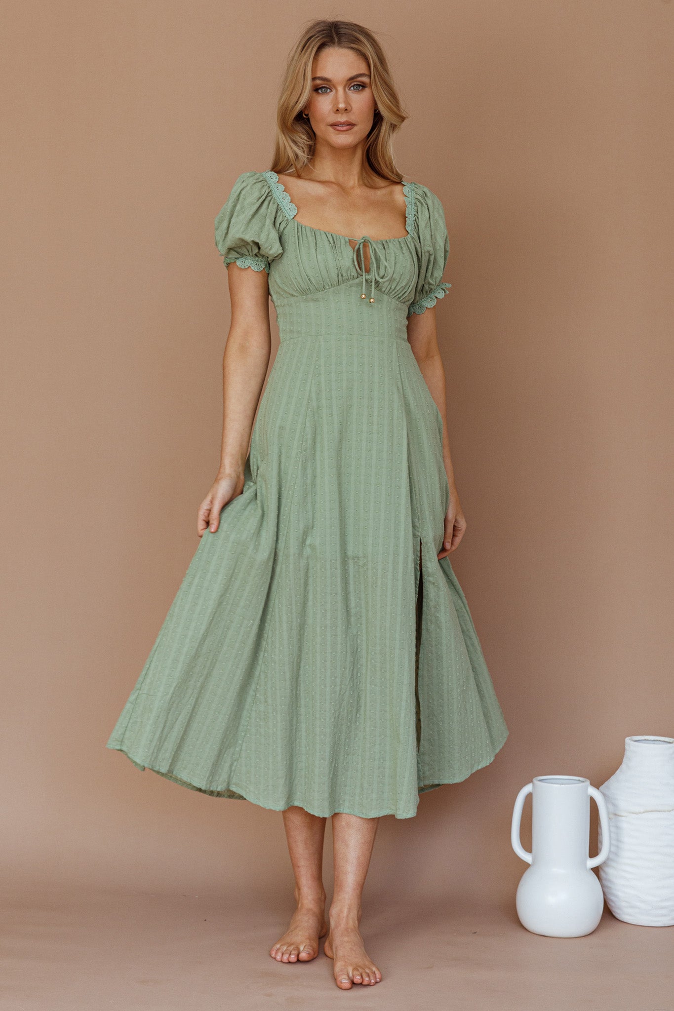 Chablis Gathered Bust Puff Sleeve Midi Dress Sage-Maymioy
