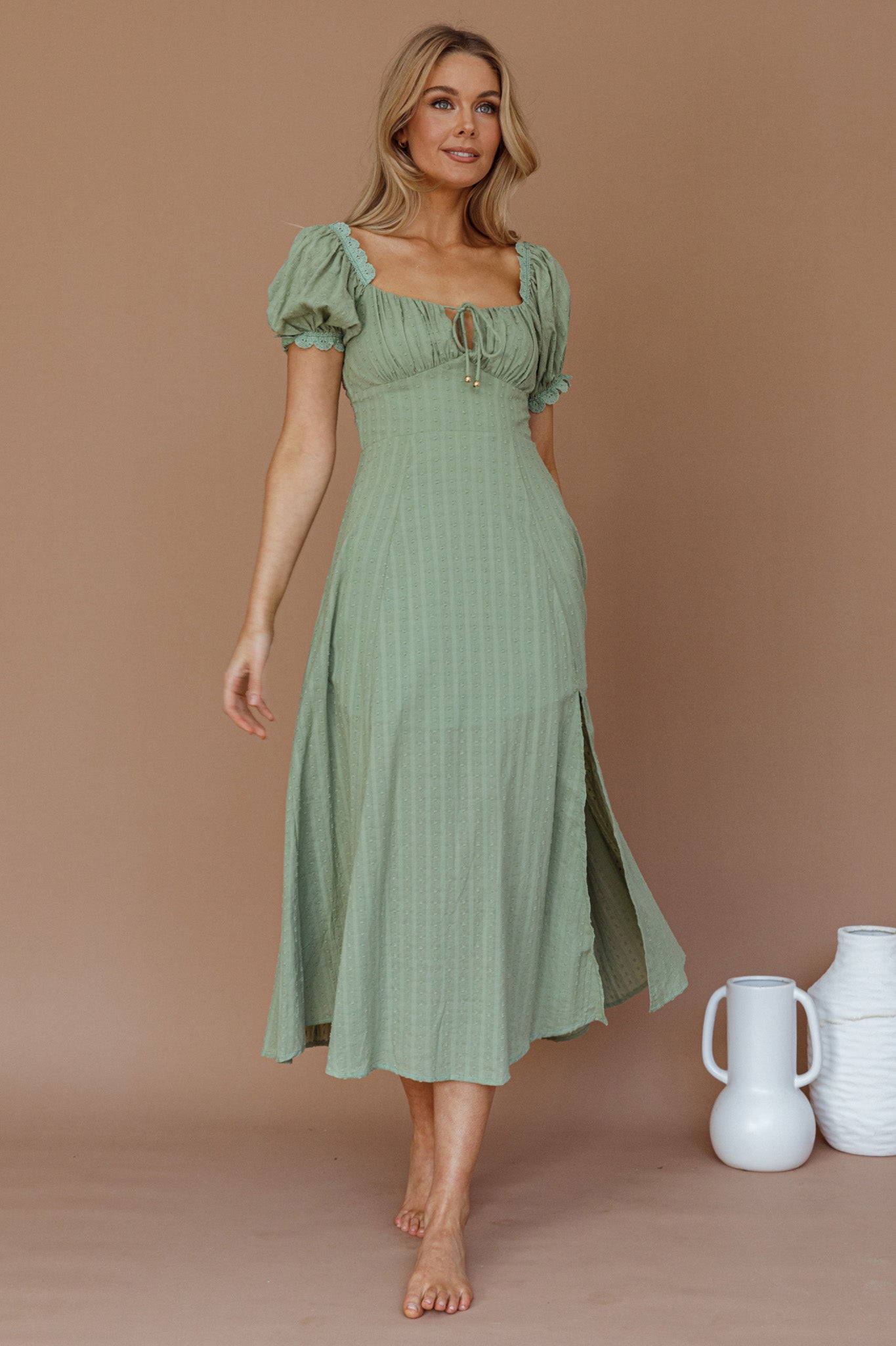 Chablis Gathered Bust Puff Sleeve Midi Dress Sage-Maymioy