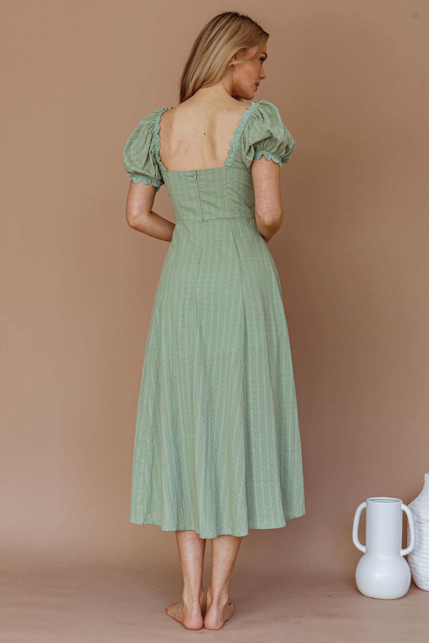 Chablis Gathered Bust Puff Sleeve Midi Dress Sage-Maymioy