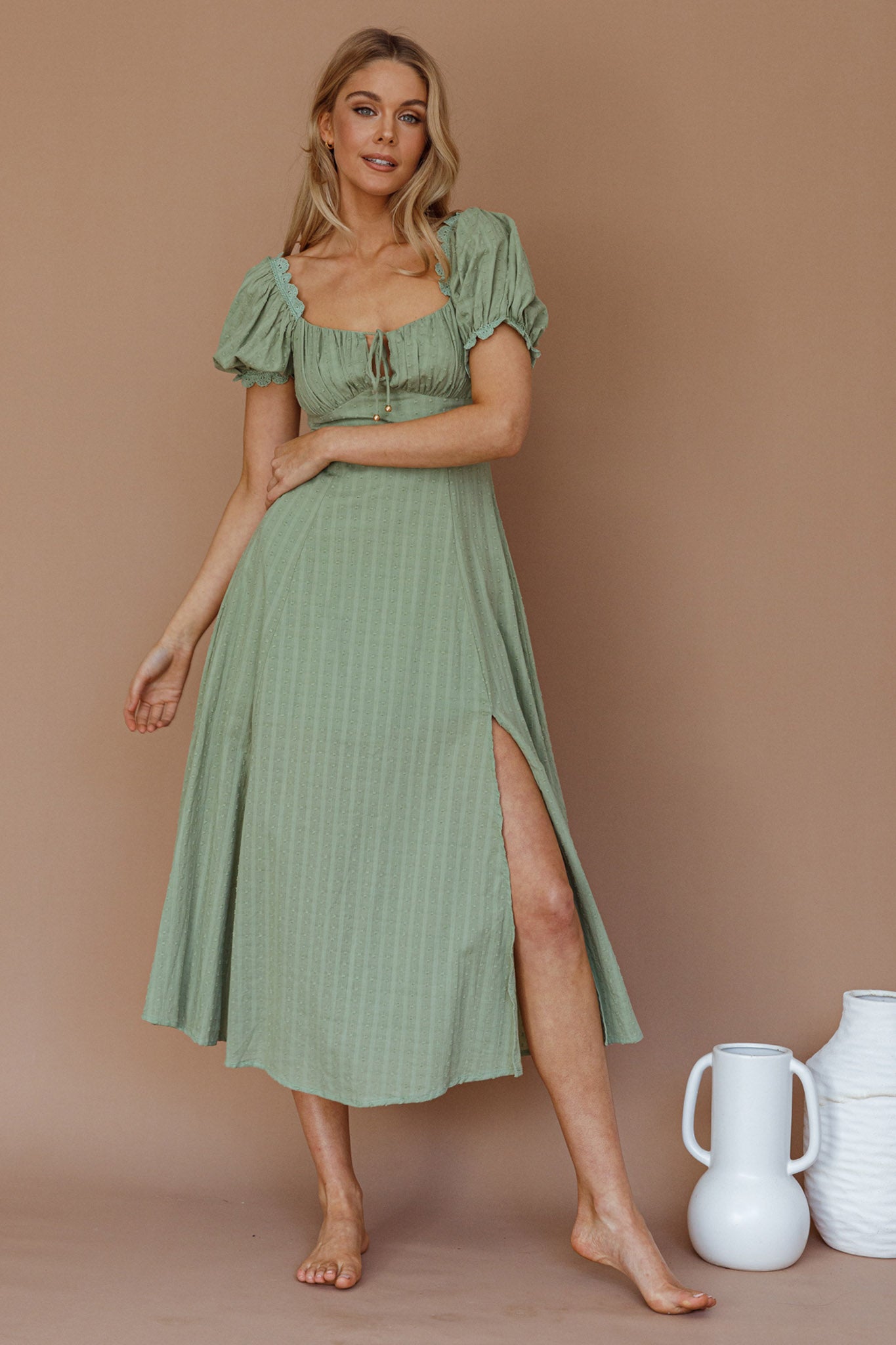 Chablis Gathered Bust Puff Sleeve Midi Dress Sage-Maymioy