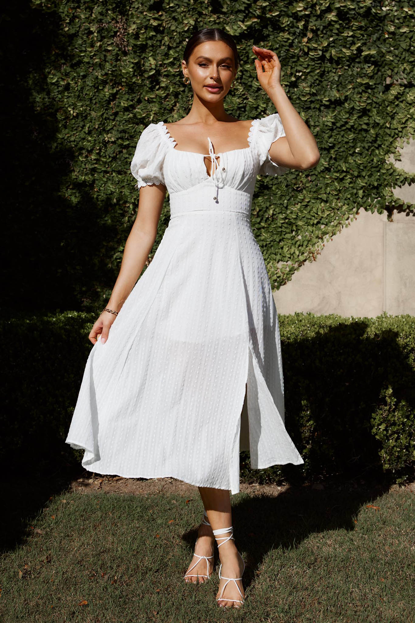 Chablis Gathered Bust Puff Sleeve Midi Dress White-Maymioy