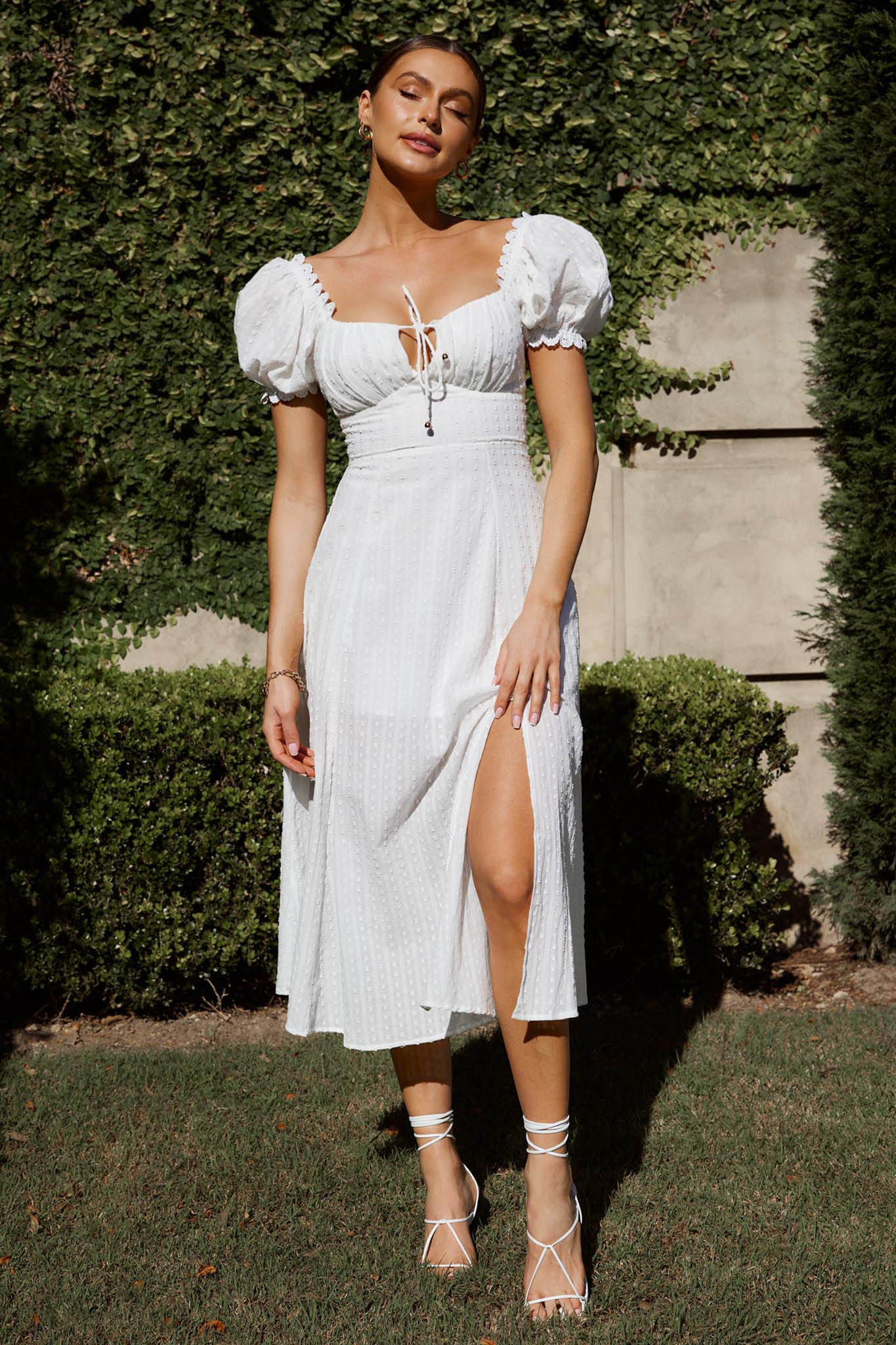 Chablis Gathered Bust Puff Sleeve Midi Dress White-Maymioy