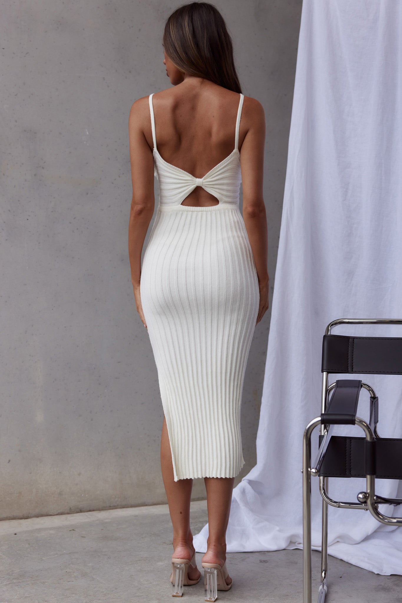 Sweepstakes Ribbed Knit Side Split Midi Dress White-Maymioy