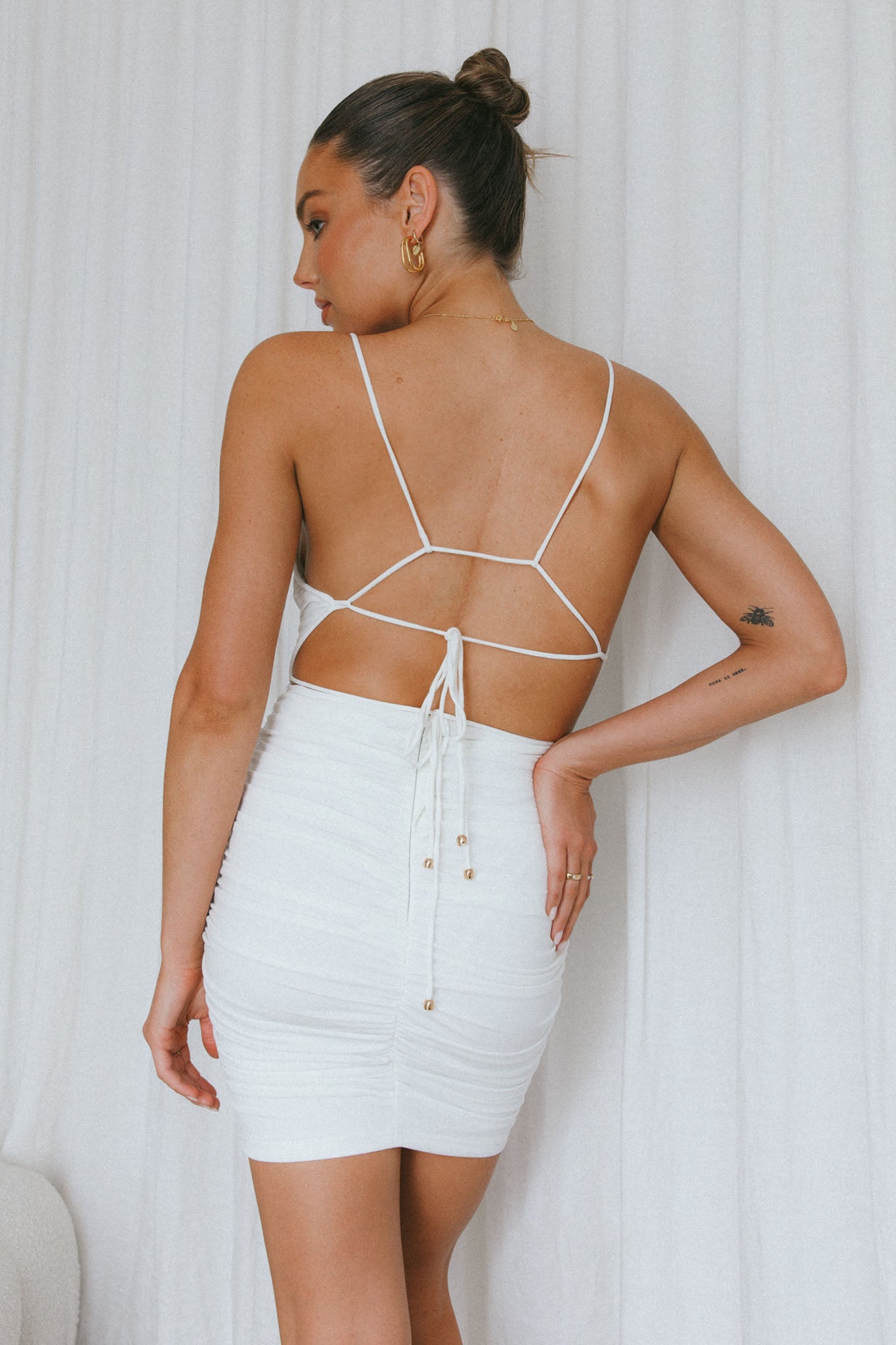 Shake It Up Ruched Mini Dress Off White-Maymioy