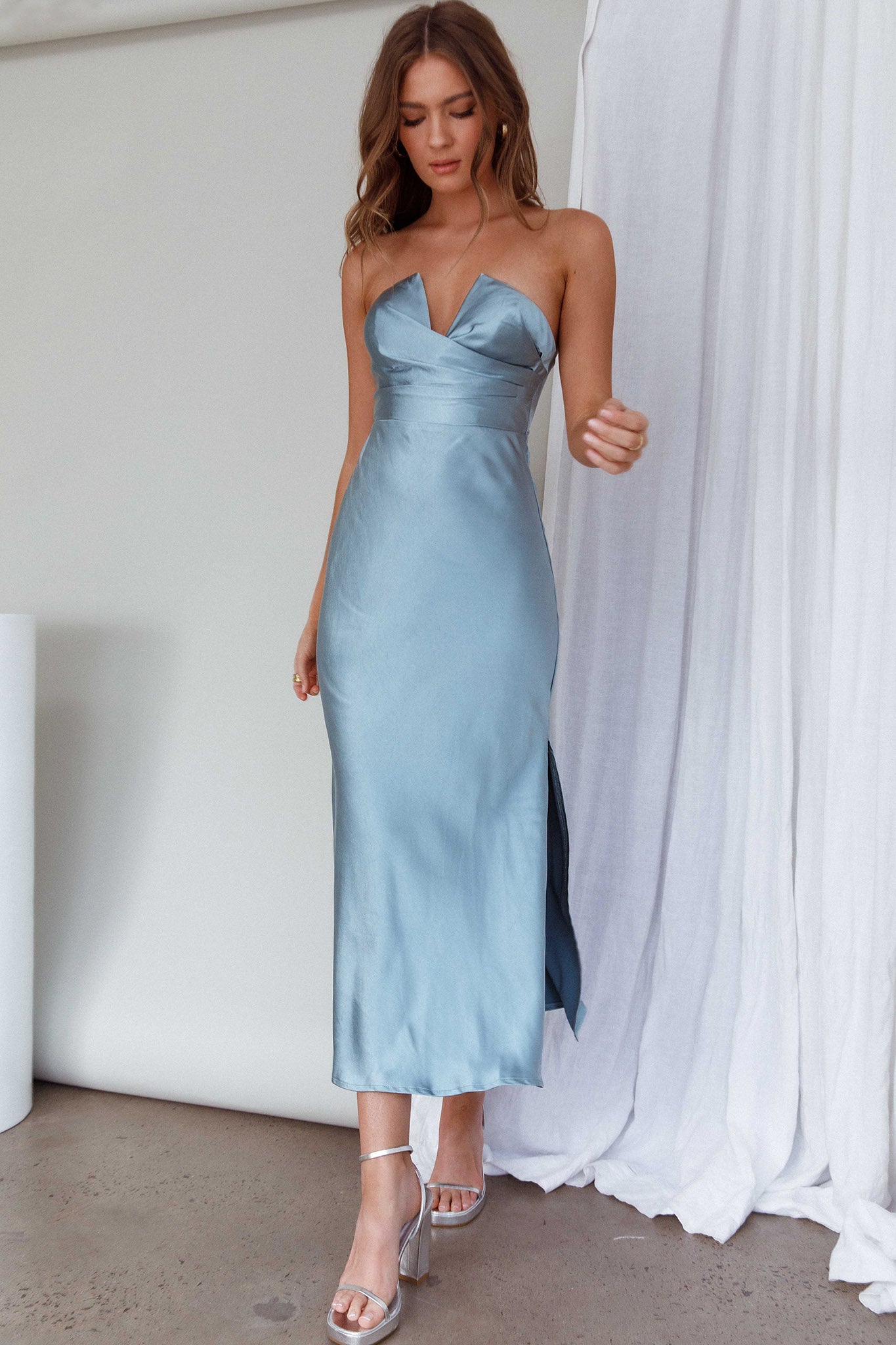 Ma Jolie Strapless Midi Dress Blue-Maymioy