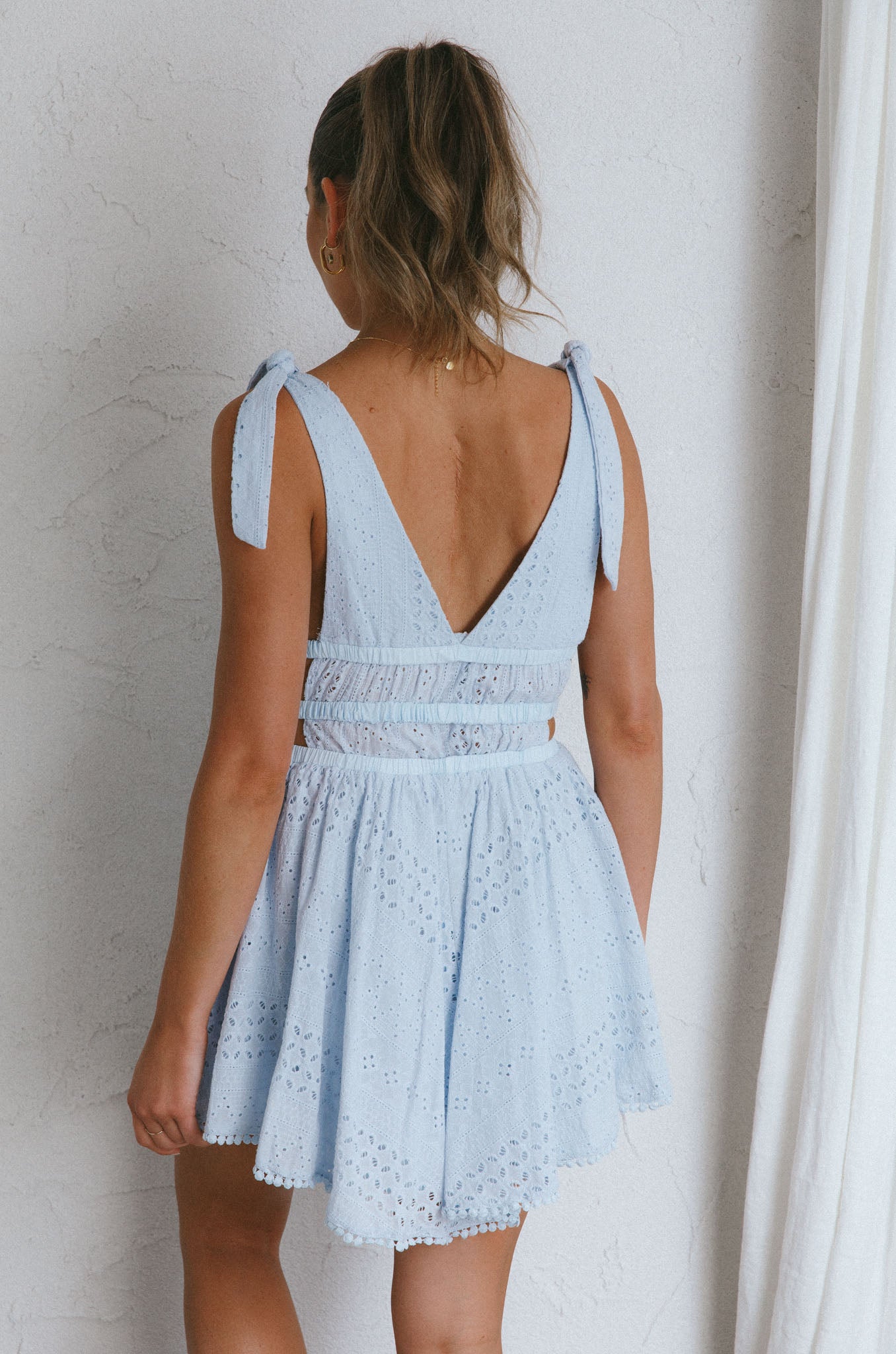 Summer Lovin' V-Neckline Eyelet Mini Dress Steel Blue-Maymioy