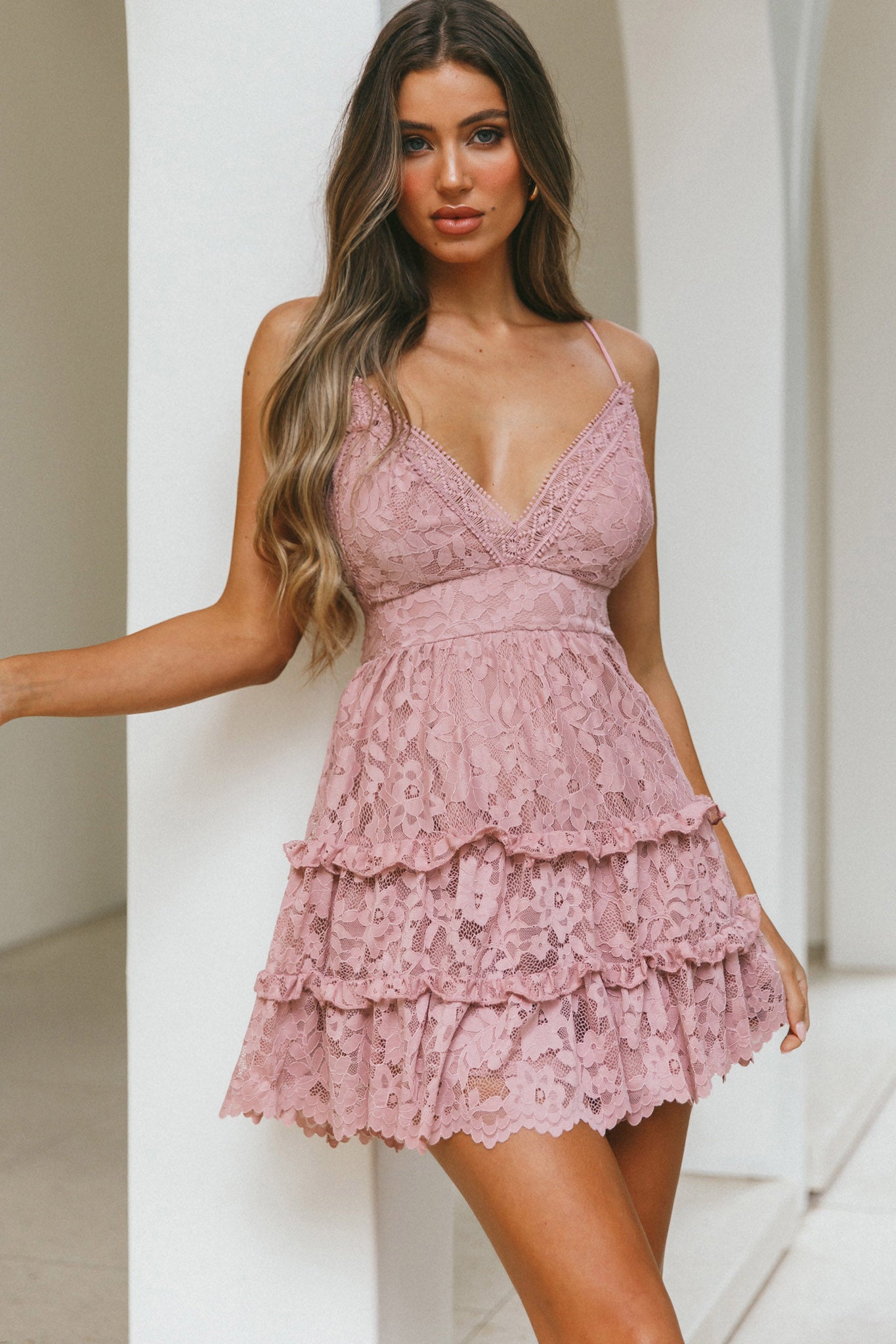 Sunshine Morning Crochet Lace Frill Trim Tied Back Lace Mini Dress Rose-Maymioy