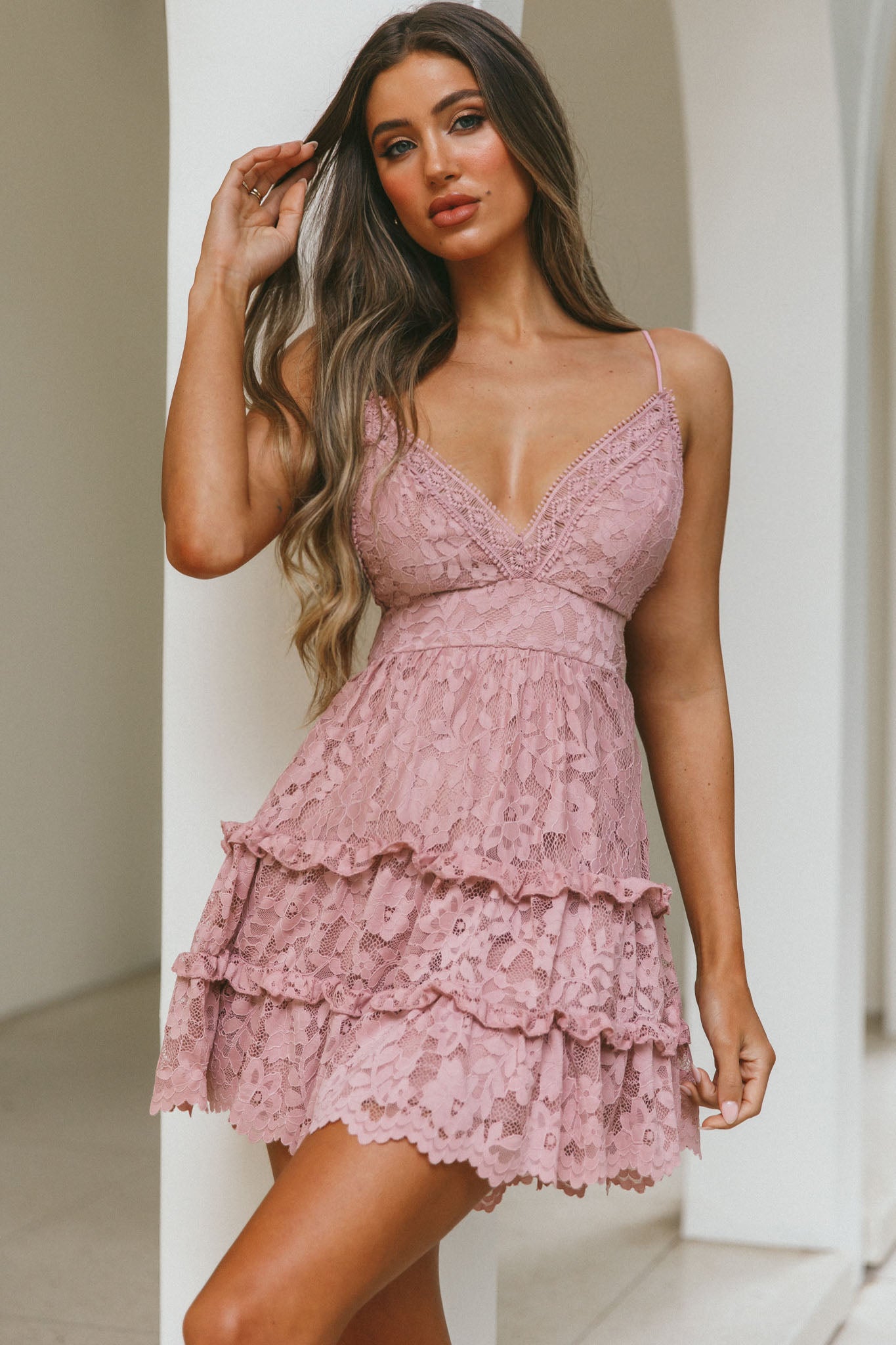 Sunshine Morning Crochet Lace Frill Trim Tied Back Lace Mini Dress Rose-Maymioy
