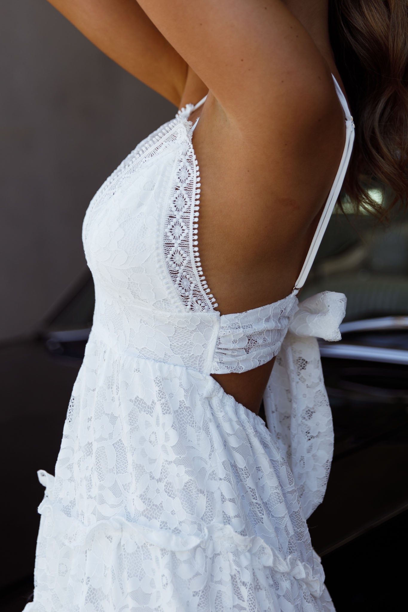 Sunshine Morning Crochet Lace Frill Trim Tied Back Lace Mini Dress White-Maymioy