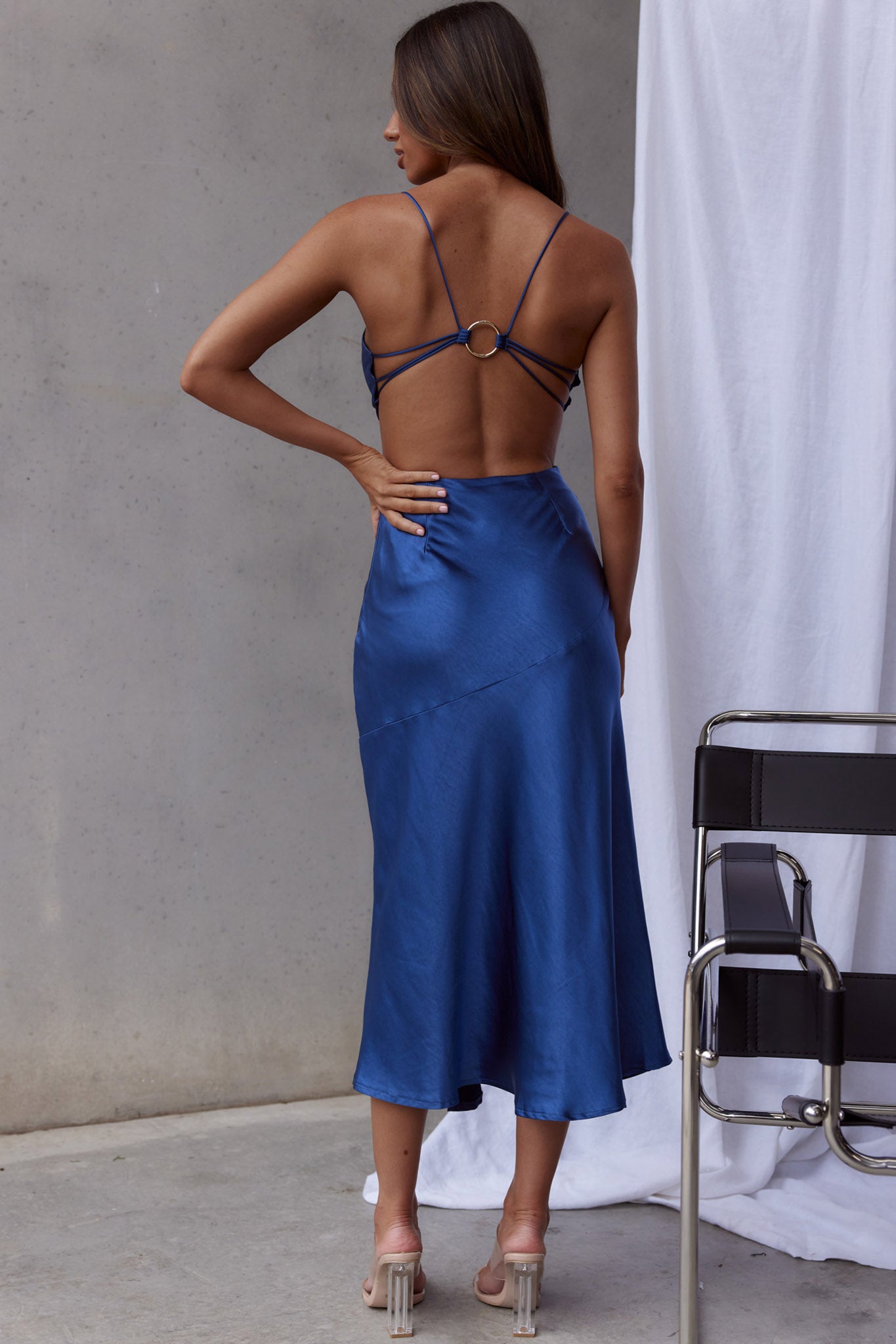 Midnight Muse Strappy Back Midi Dress Blue-Maymioy