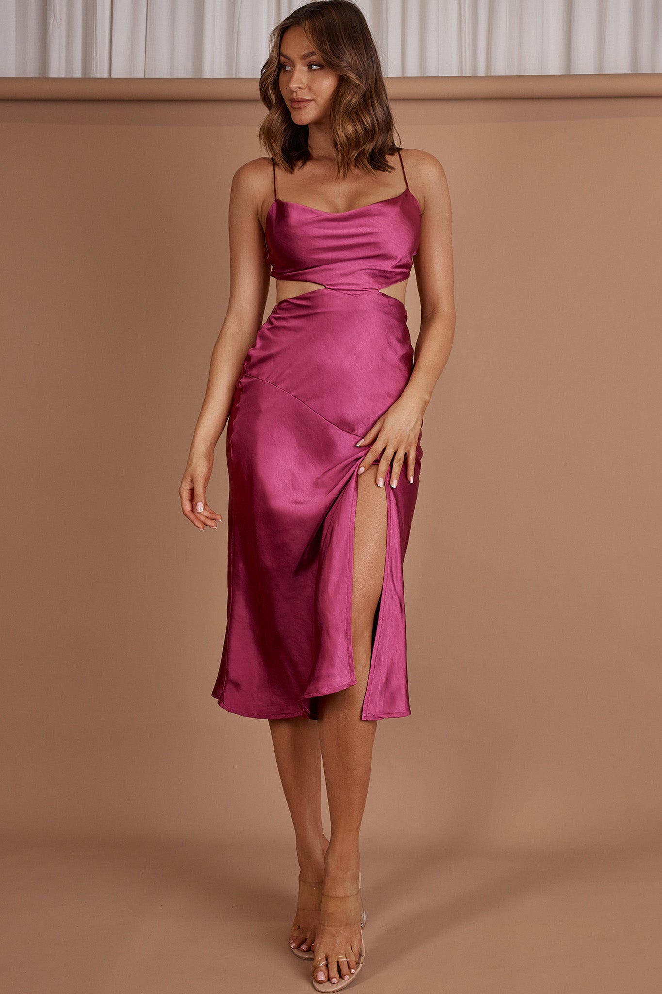 Midnight Muse Strappy Back Midi Dress Fuchsia-Maymioy