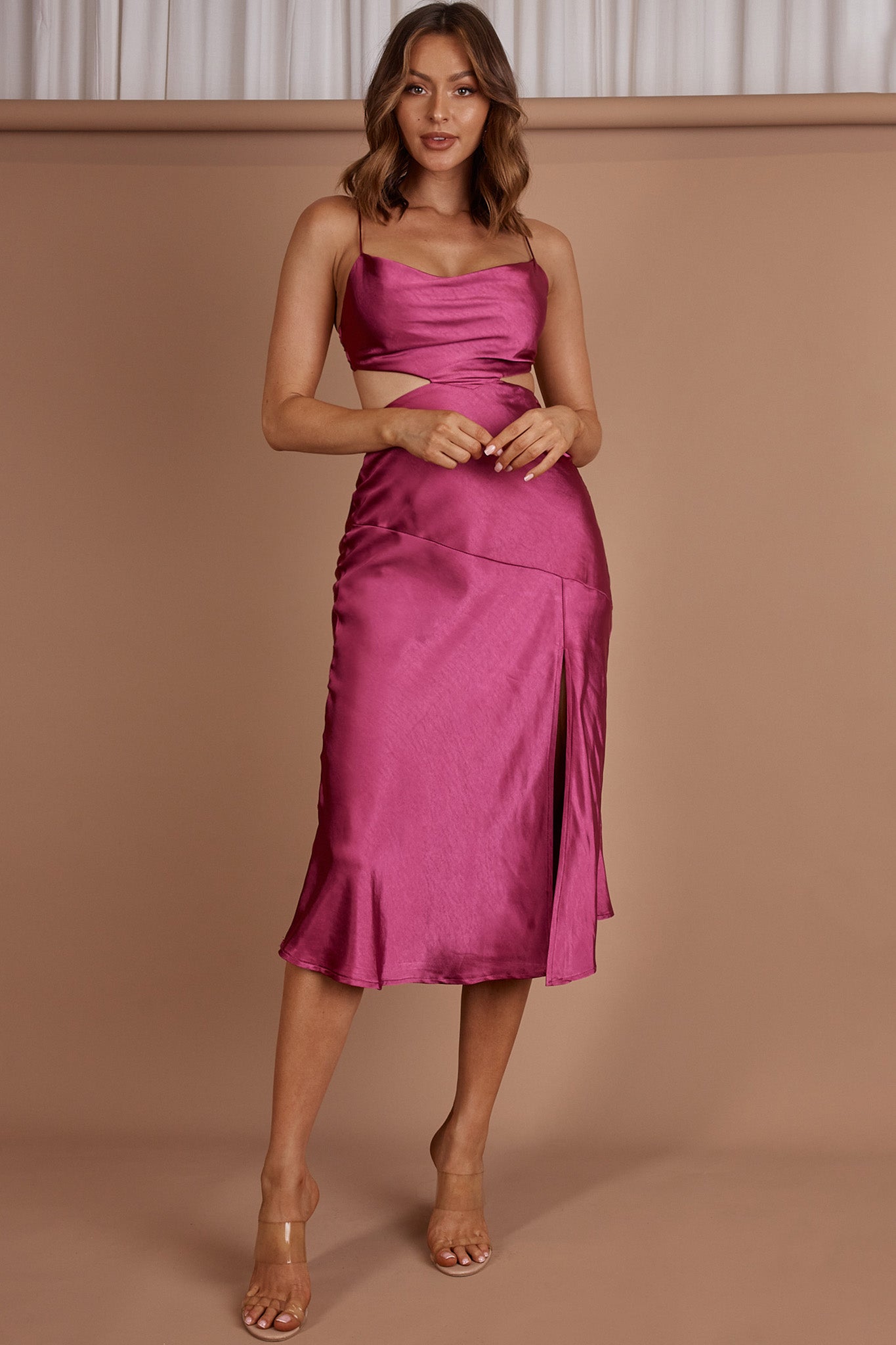 Midnight Muse Strappy Back Midi Dress Fuchsia-Maymioy