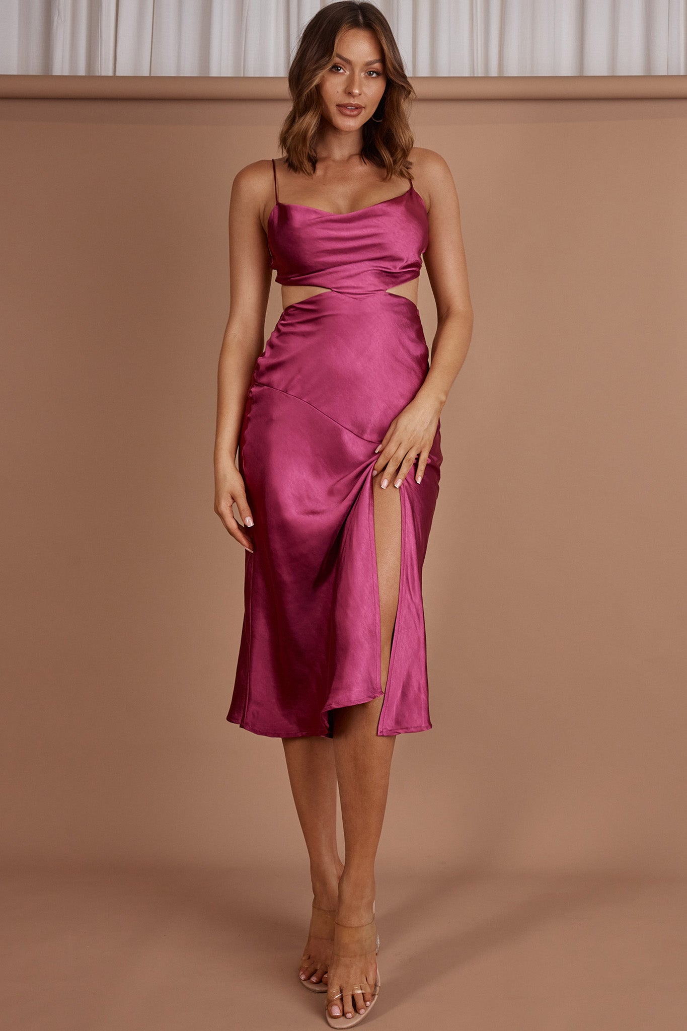 Midnight Muse Strappy Back Midi Dress Fuchsia-Maymioy