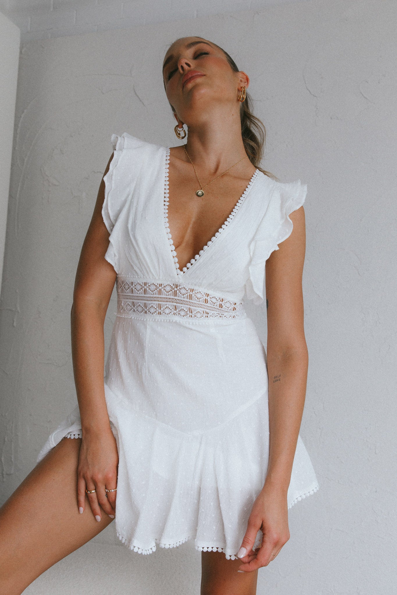 Idyllwild Ruffle Shoulder Mini Dress Off White-Maymioy