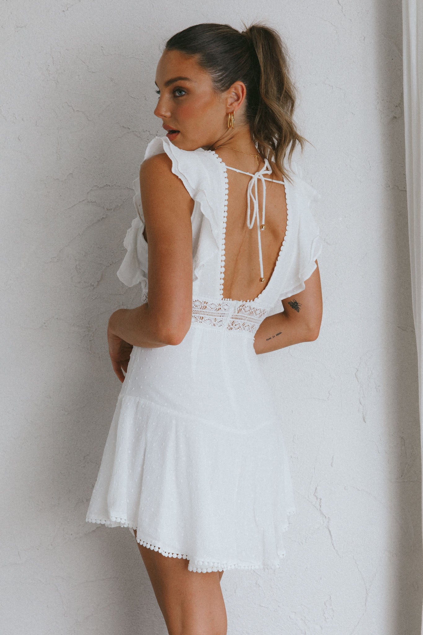 Idyllwild Ruffle Shoulder Mini Dress Off White-Maymioy