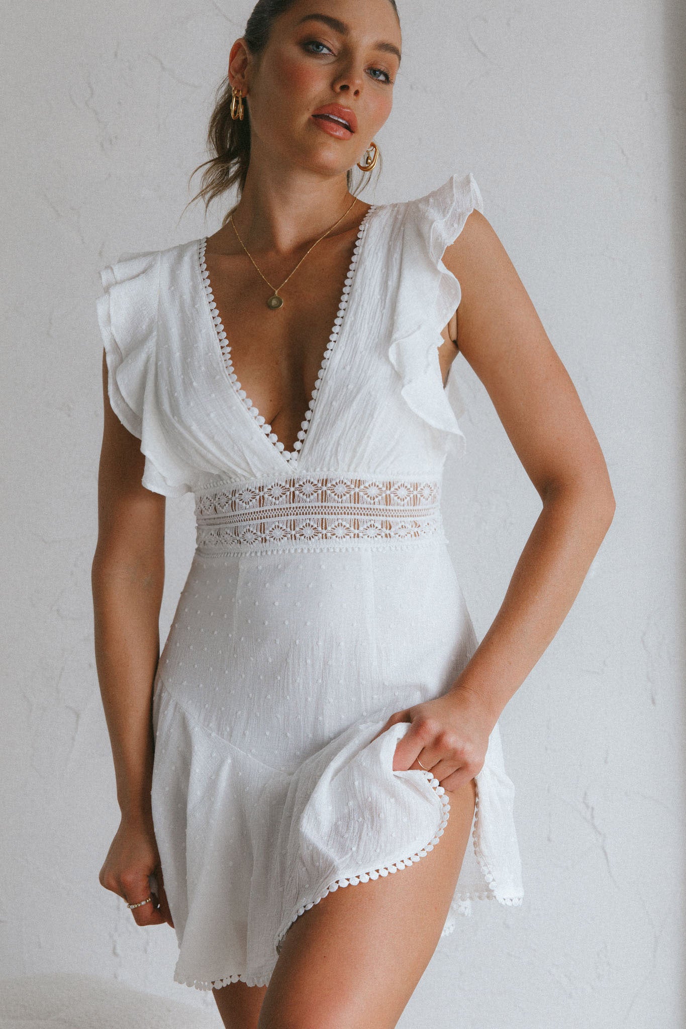 Idyllwild Ruffle Shoulder Mini Dress Off White-Maymioy