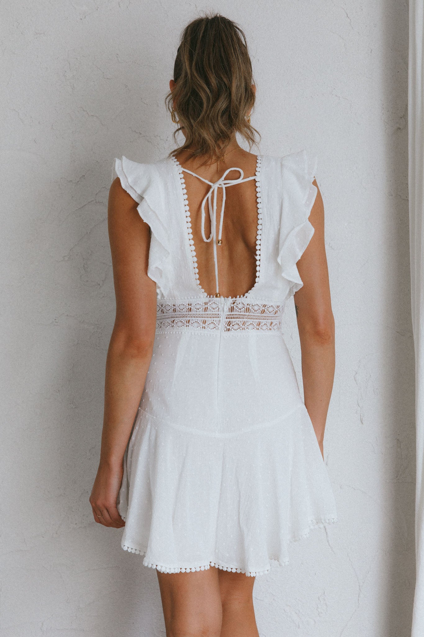 Idyllwild Ruffle Shoulder Mini Dress Off White-Maymioy