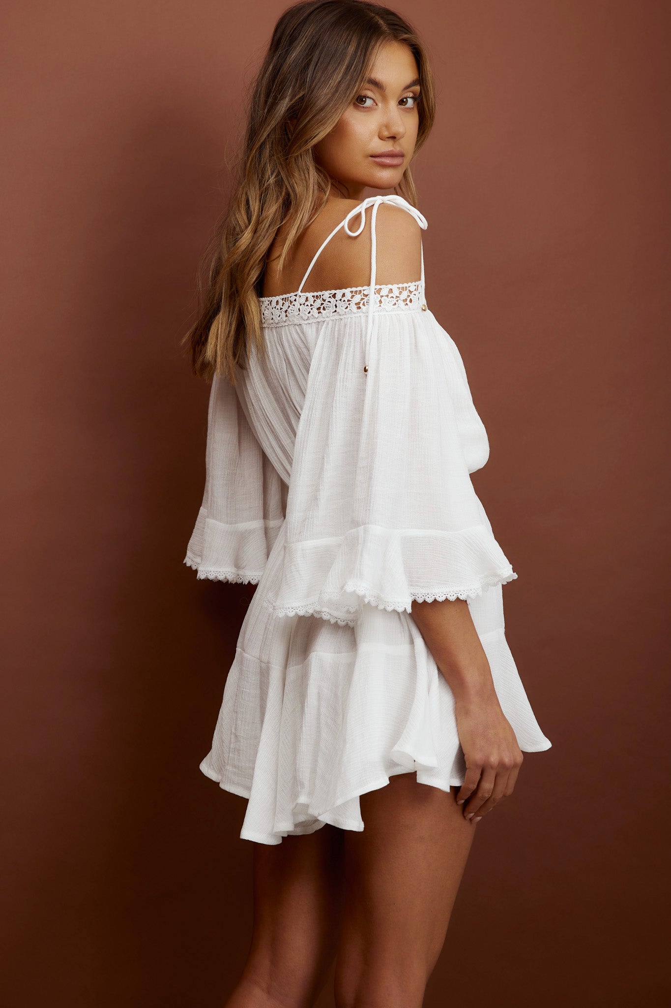 Jonie Crochet Trim Flared Sleeve Romper White-Maymioy