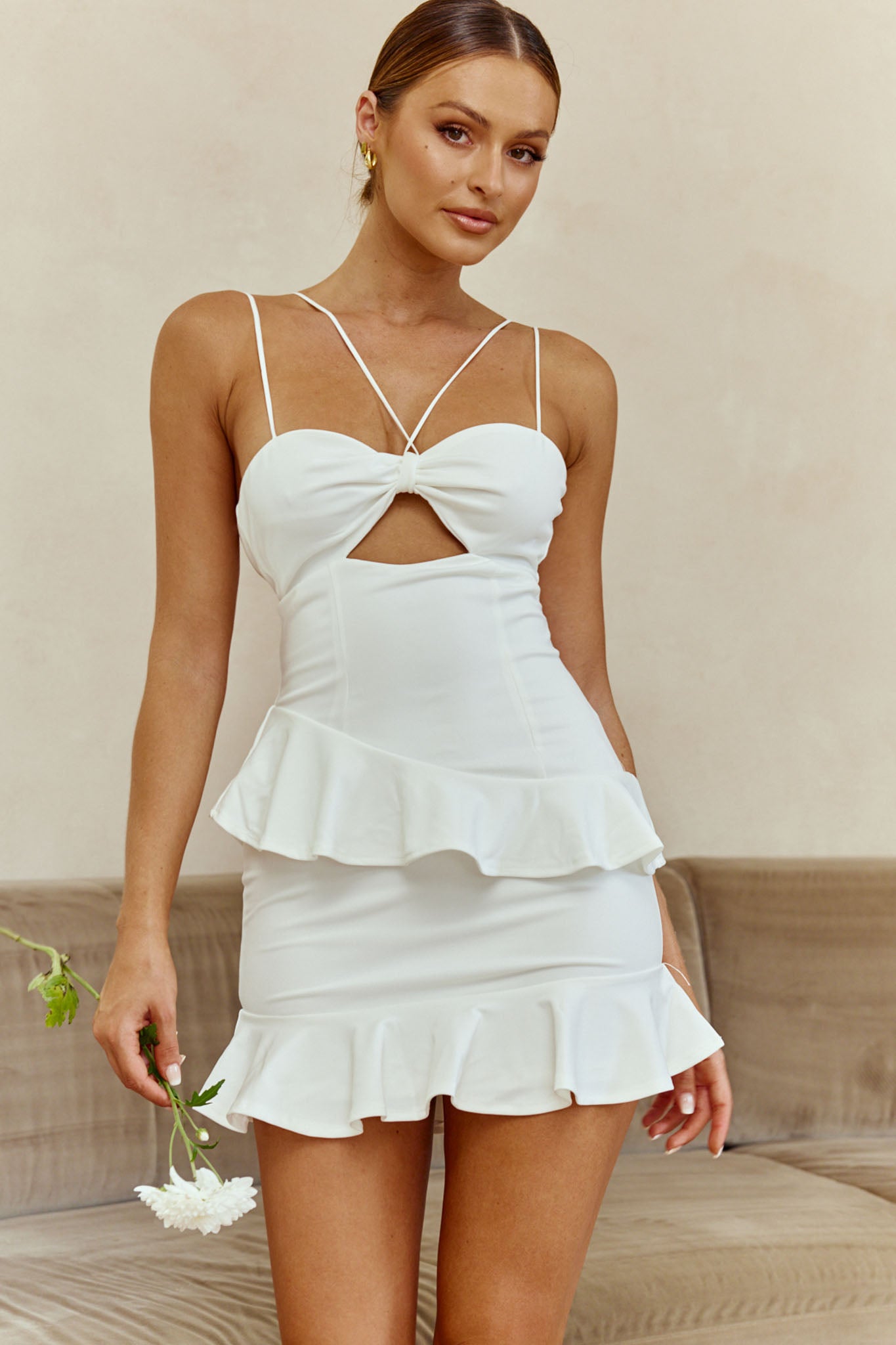 Moment Of Truth String-Tie Ruffle Trim Mini Dress White-Maymioy