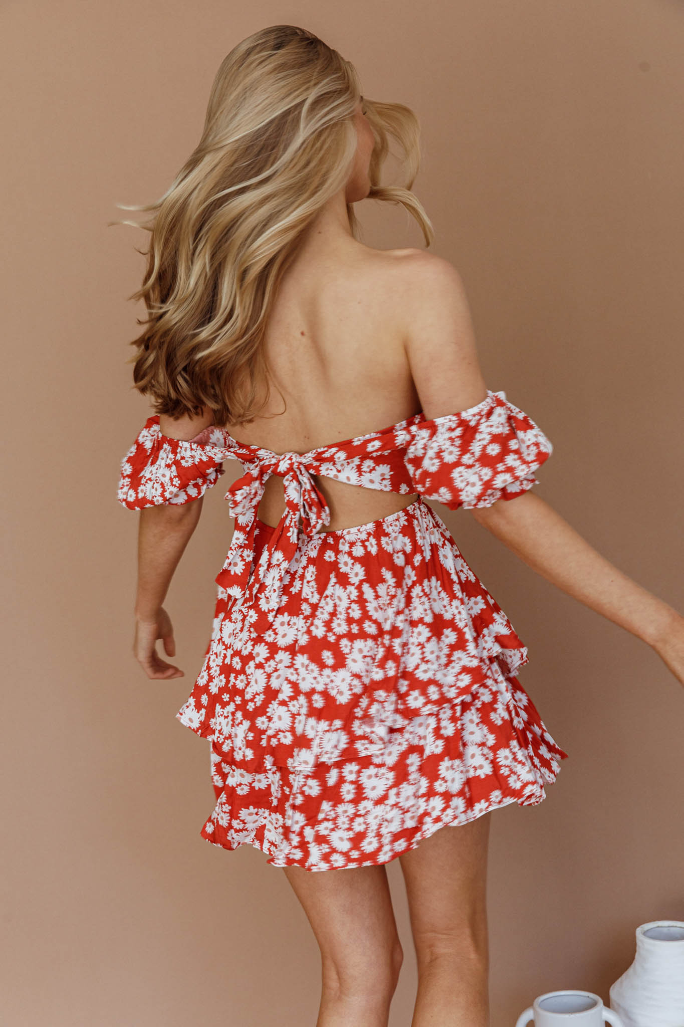 Buongiorno Bella Shirred Lace Up Mini Dress Floral Red-Maymioy