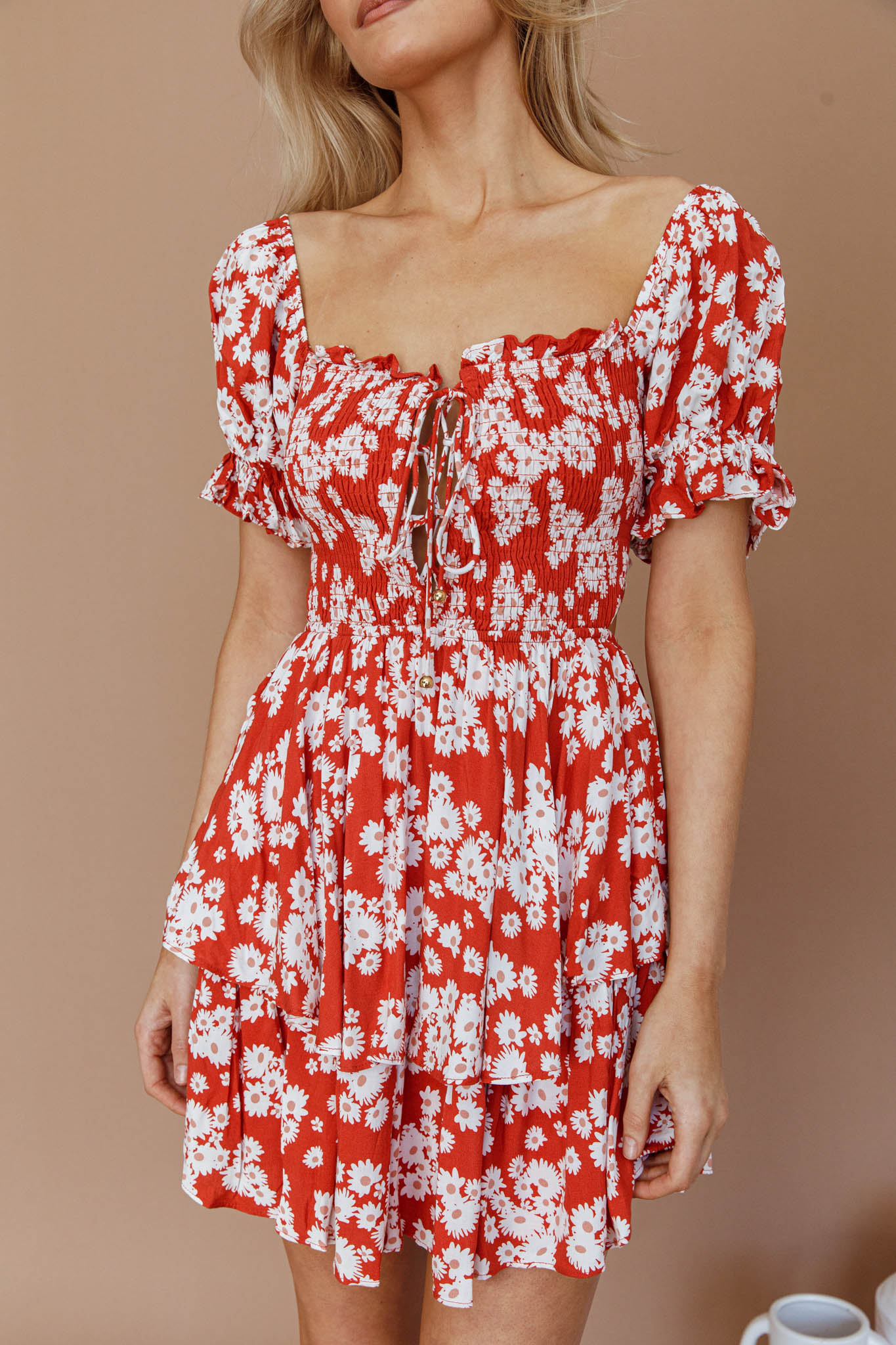 Buongiorno Bella Shirred Lace Up Mini Dress Floral Red-Maymioy