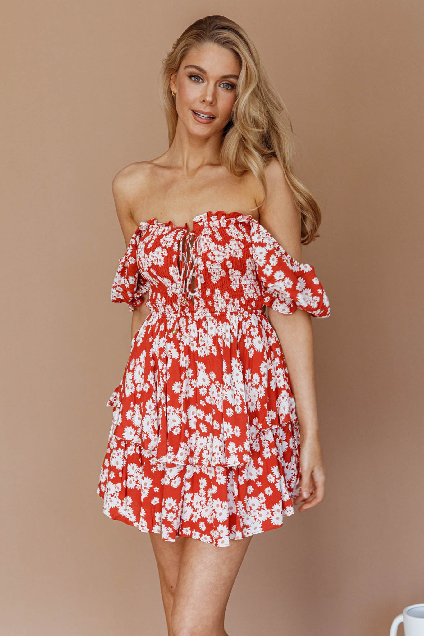 Buongiorno Bella Shirred Lace Up Mini Dress Floral Red-Maymioy