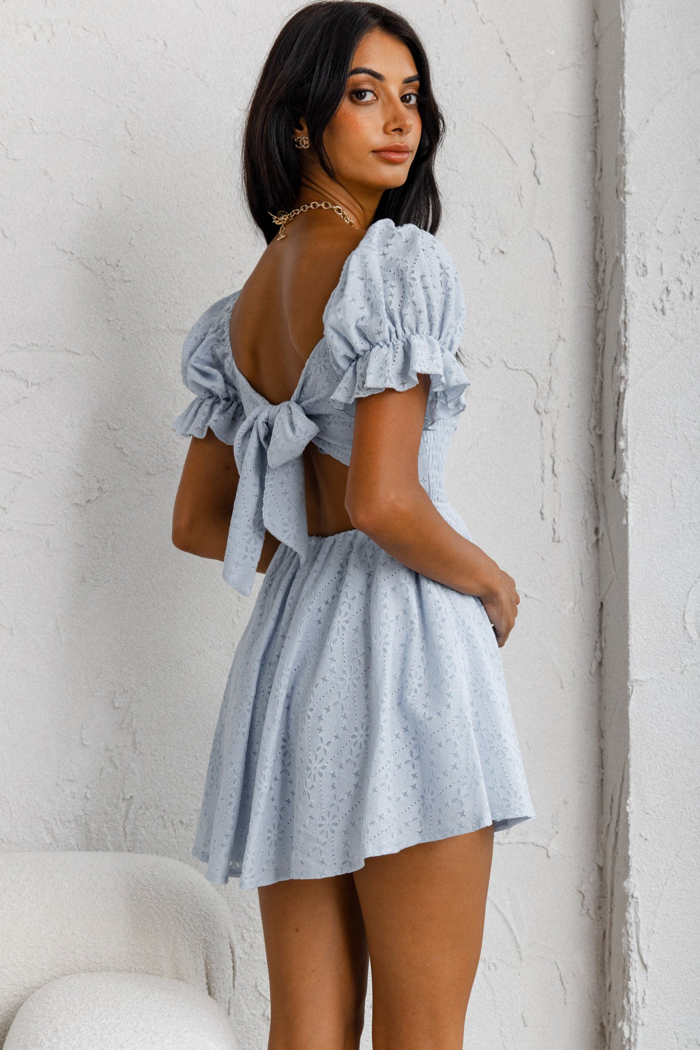 Buongiorno Bella Shirred Lace Up Bodice Mini Dress Blue-Maymioy