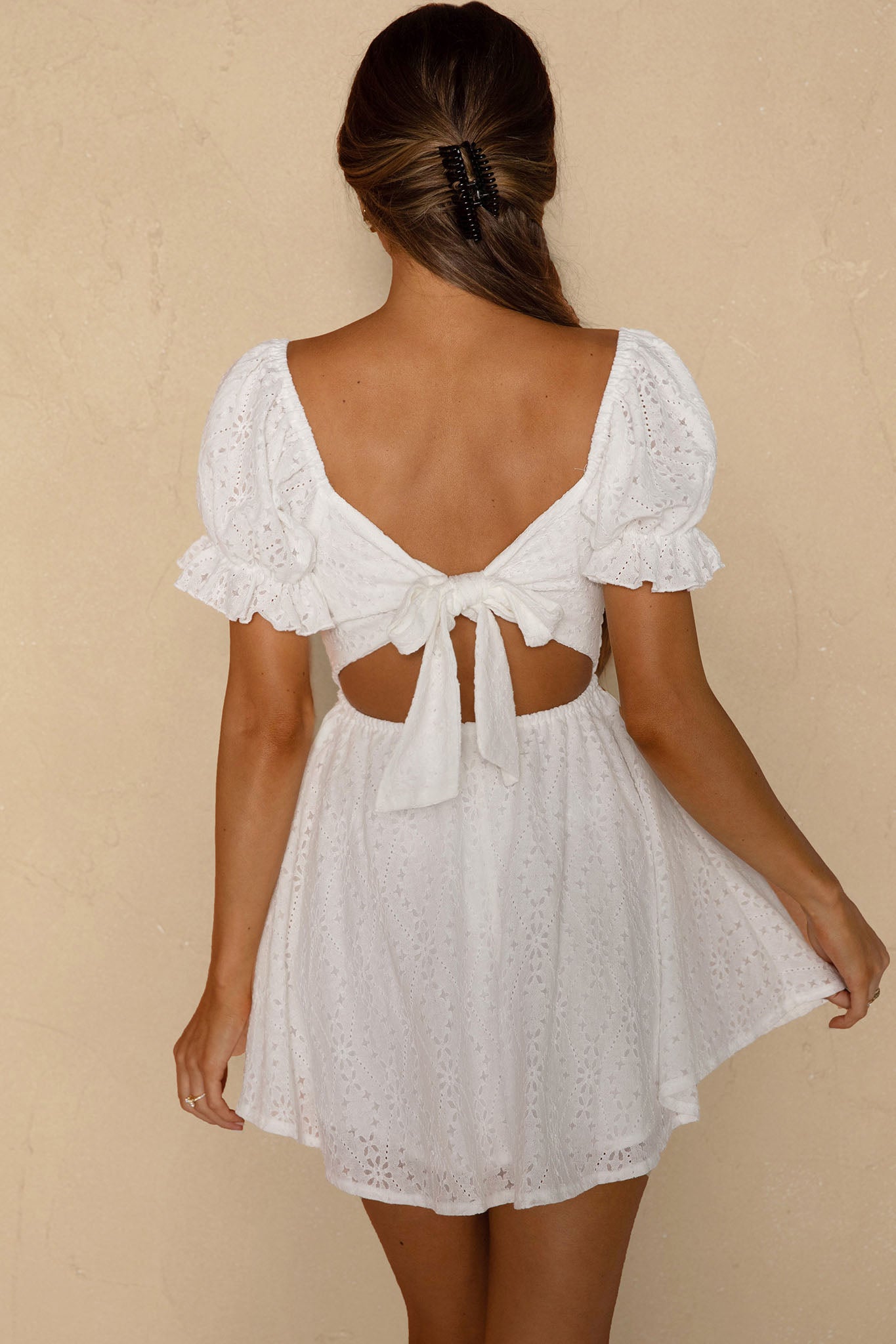 Buongiorno Bella Shirred Lace Up Bodice Mini Dress White-Maymioy