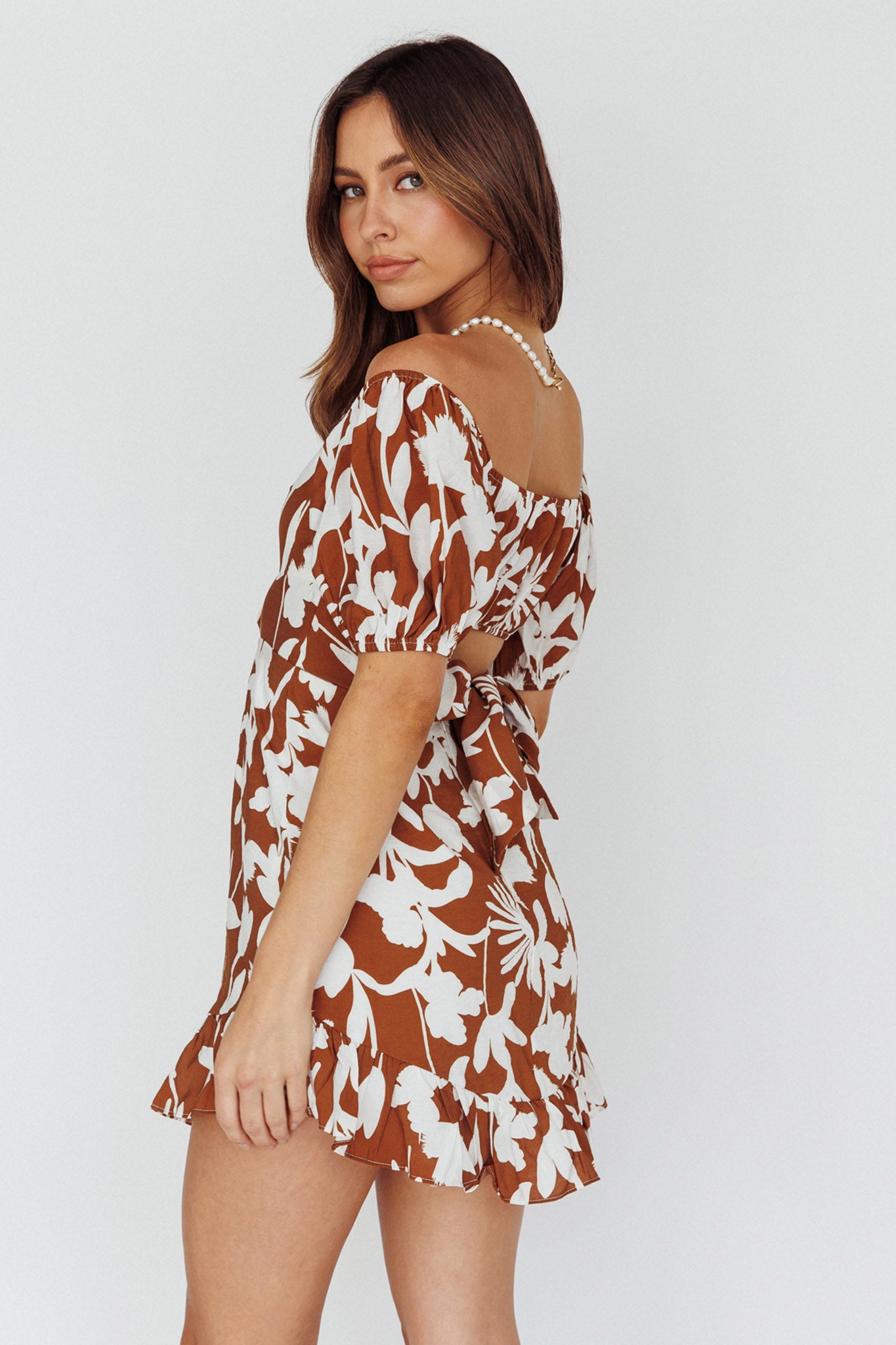 Palm Beach Puff Sleeve Dress Printed Tan-Maymioy