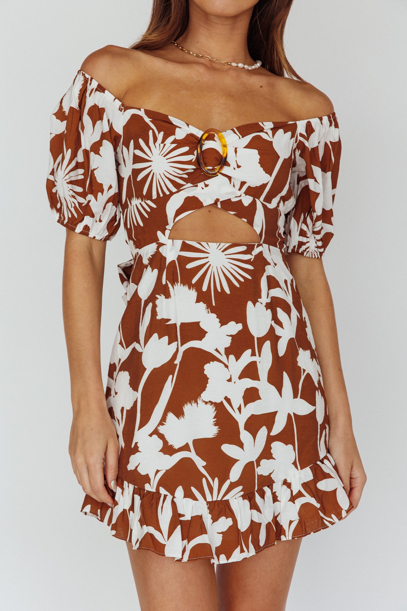 Palm Beach Puff Sleeve Dress Printed Tan-Maymioy