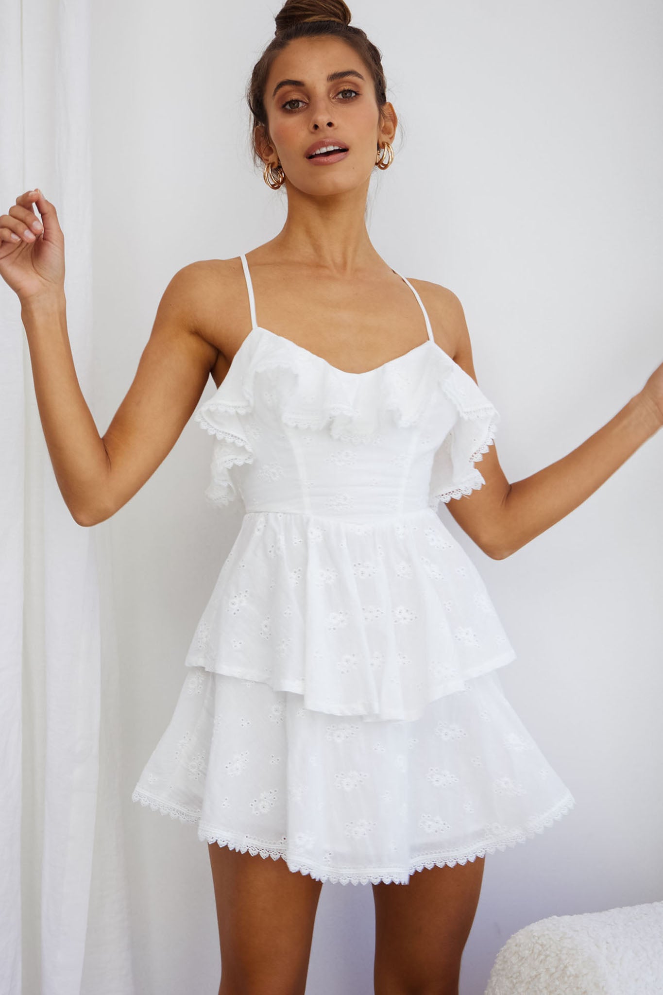 Tameka Ruffle Trim Layered Hem Eyelet Dress White-Maymioy