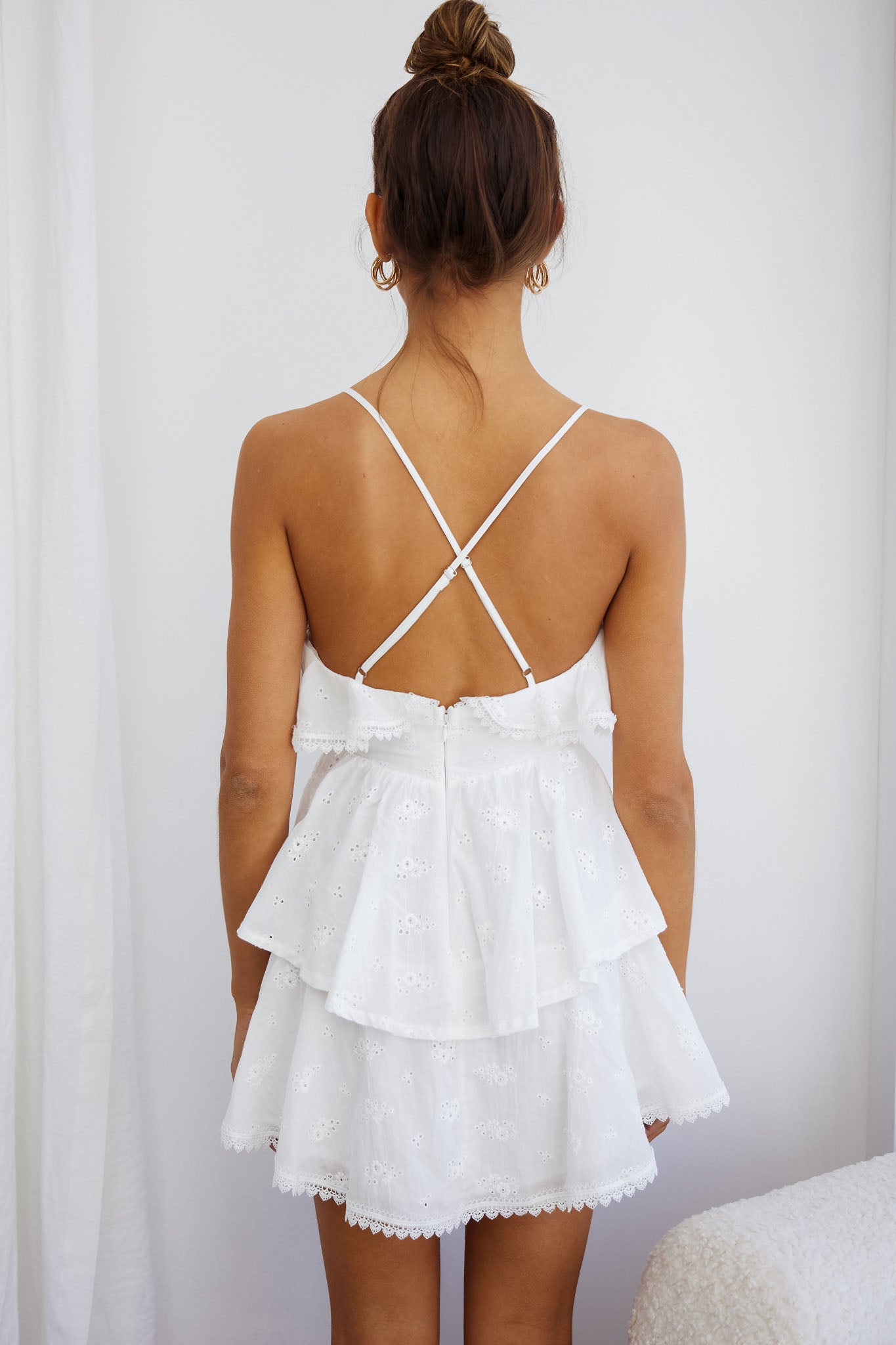 Tameka Ruffle Trim Layered Hem Eyelet Dress White-Maymioy
