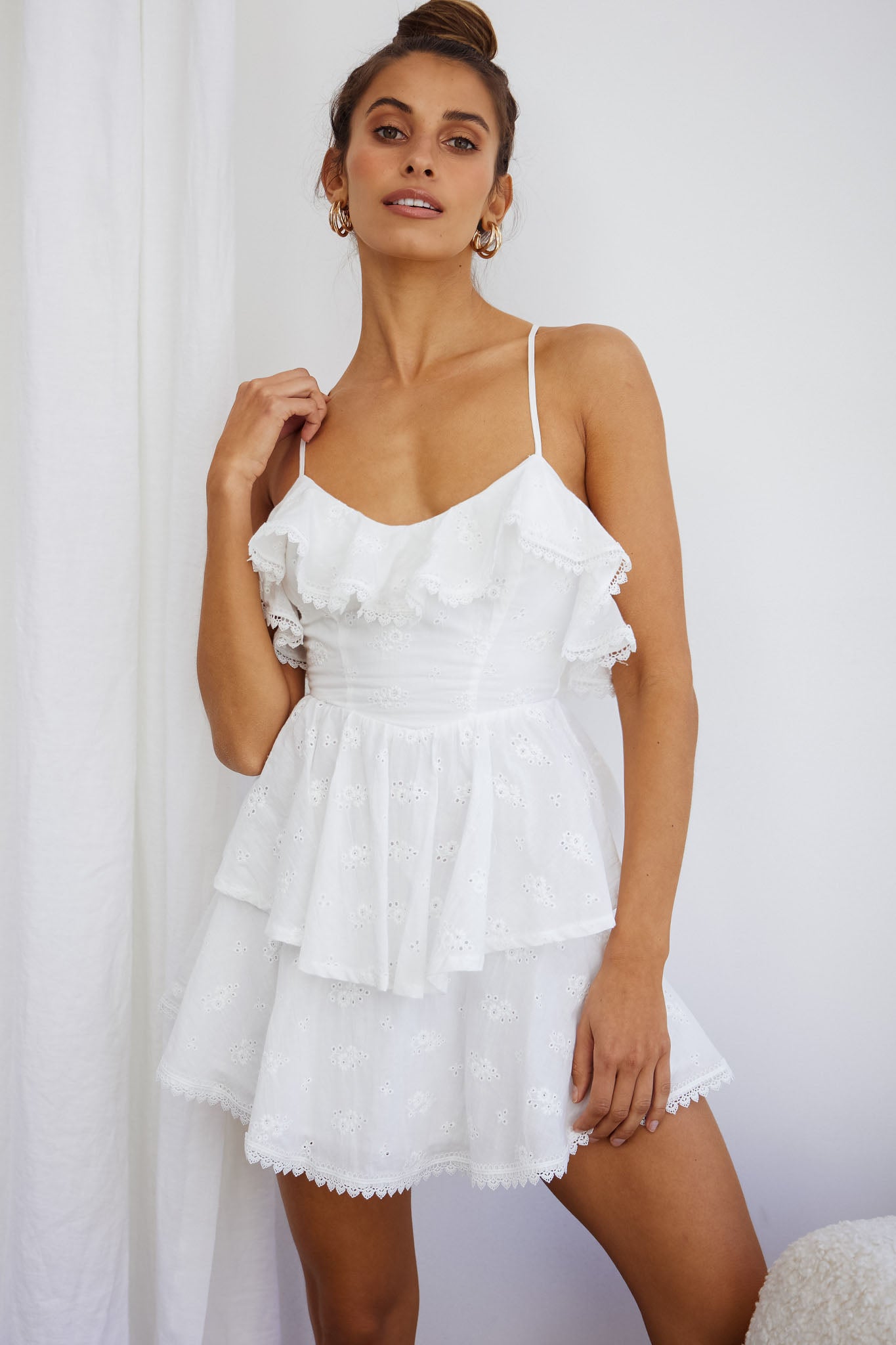 Tameka Ruffle Trim Layered Hem Eyelet Dress White-Maymioy