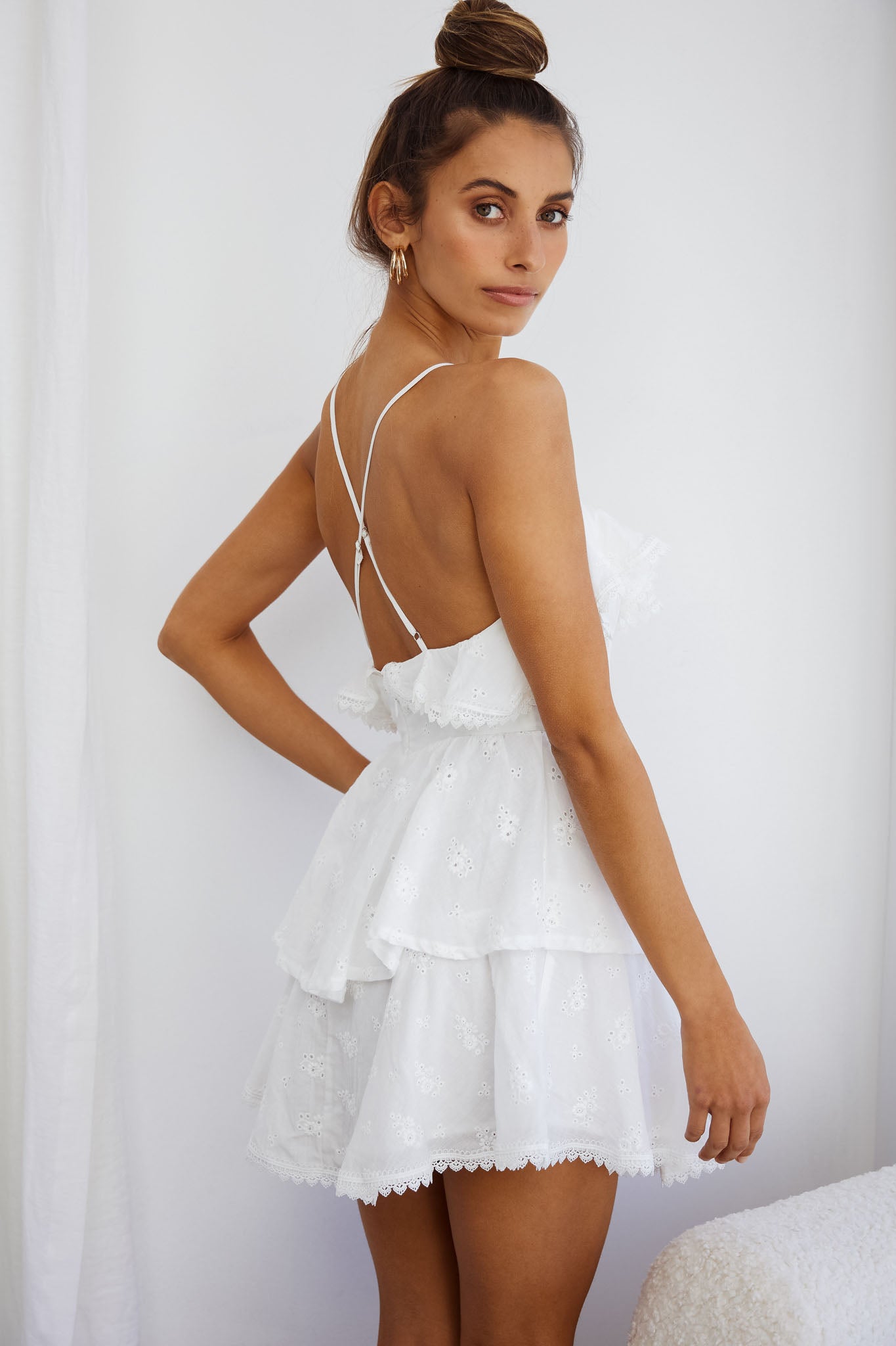 Tameka Ruffle Trim Layered Hem Eyelet Dress White-Maymioy