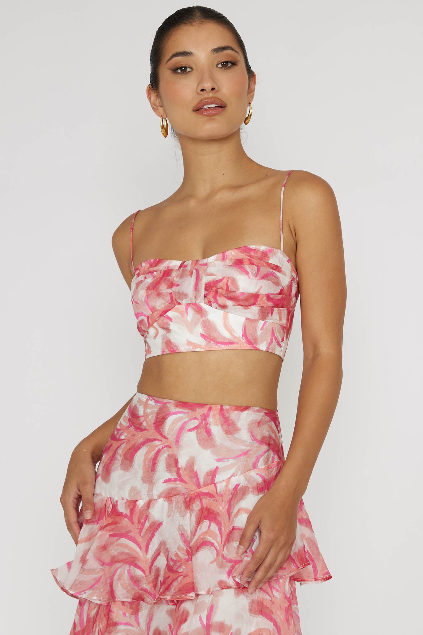 Veda Pleat Crop Top Floral Pink-Maymioy