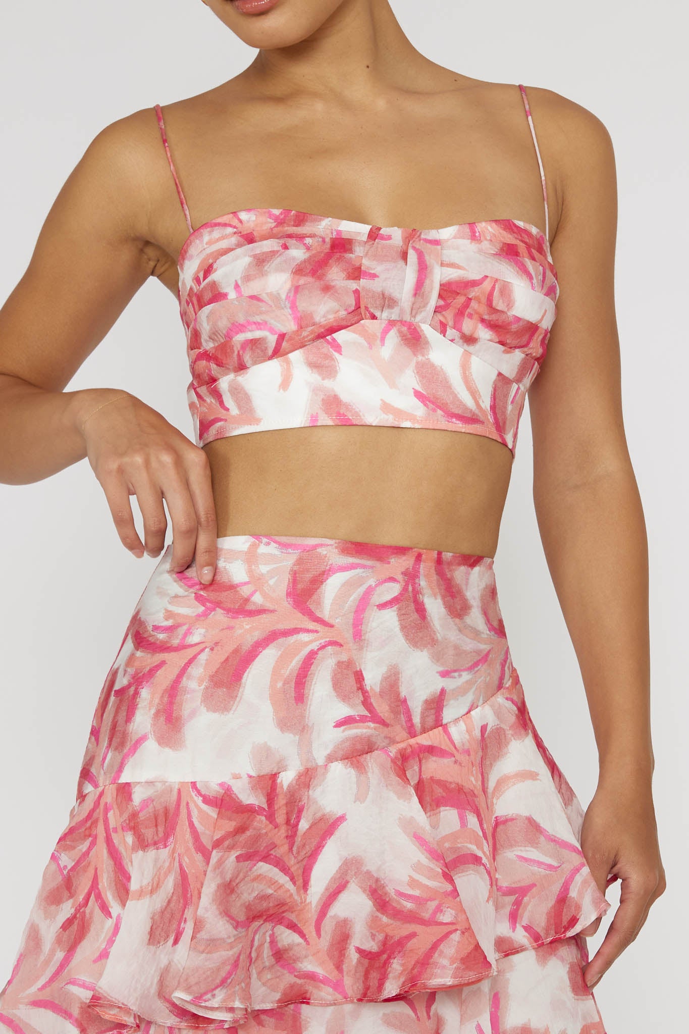 Veda Pleat Crop Top Floral Pink-Maymioy