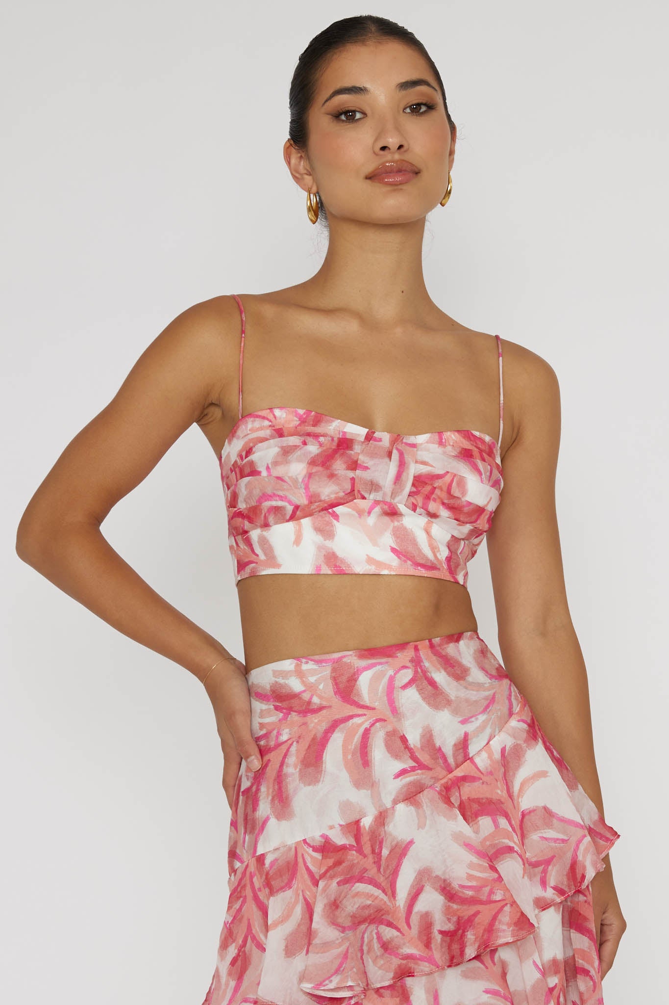Veda Pleat Crop Top Floral Pink-Maymioy