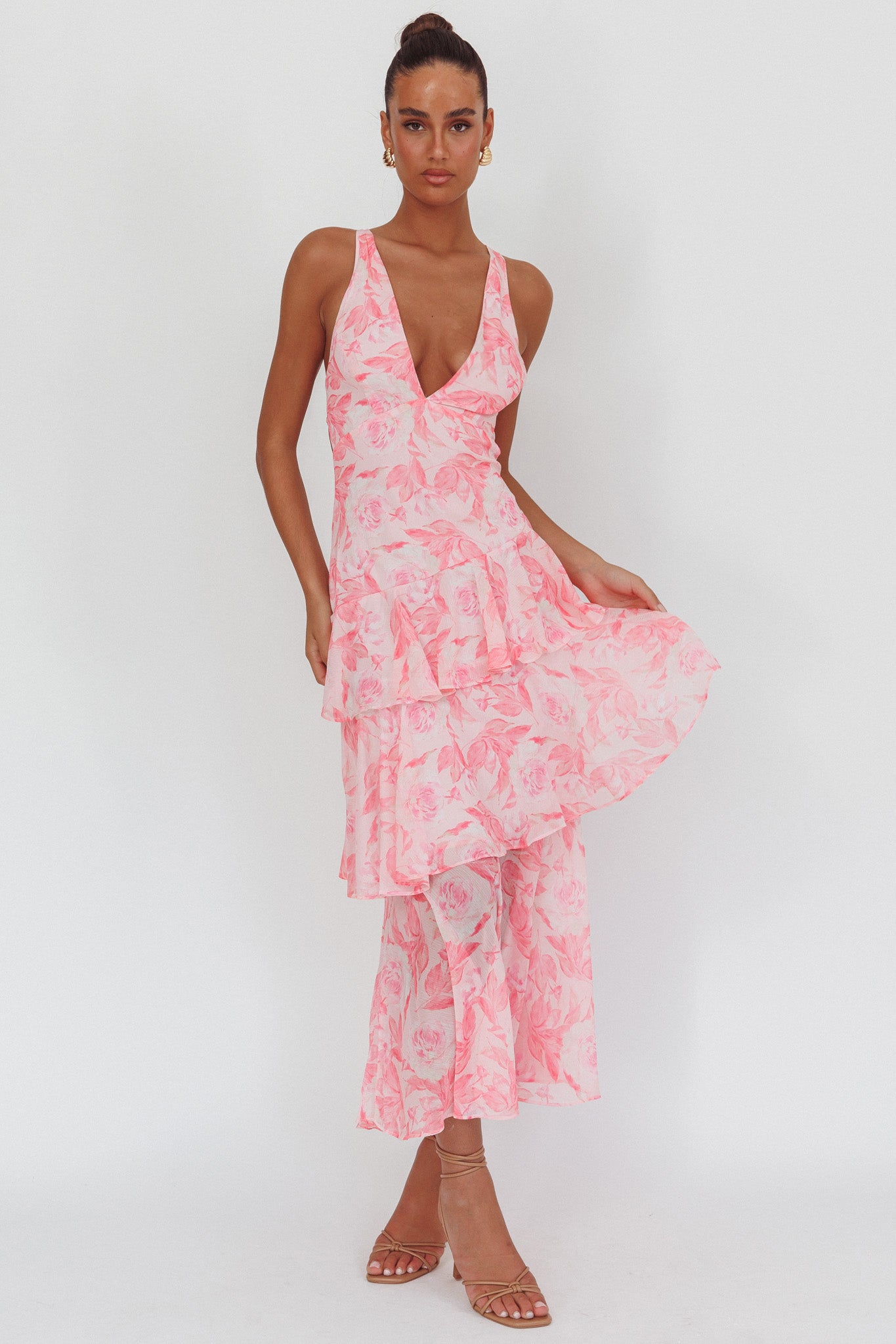 Veda Strappy Back Maxi Dress Floral Pink-Maymioy