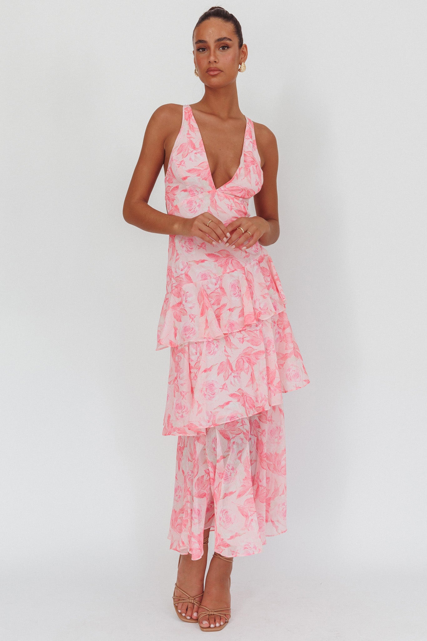 Veda Strappy Back Maxi Dress Floral Pink-Maymioy