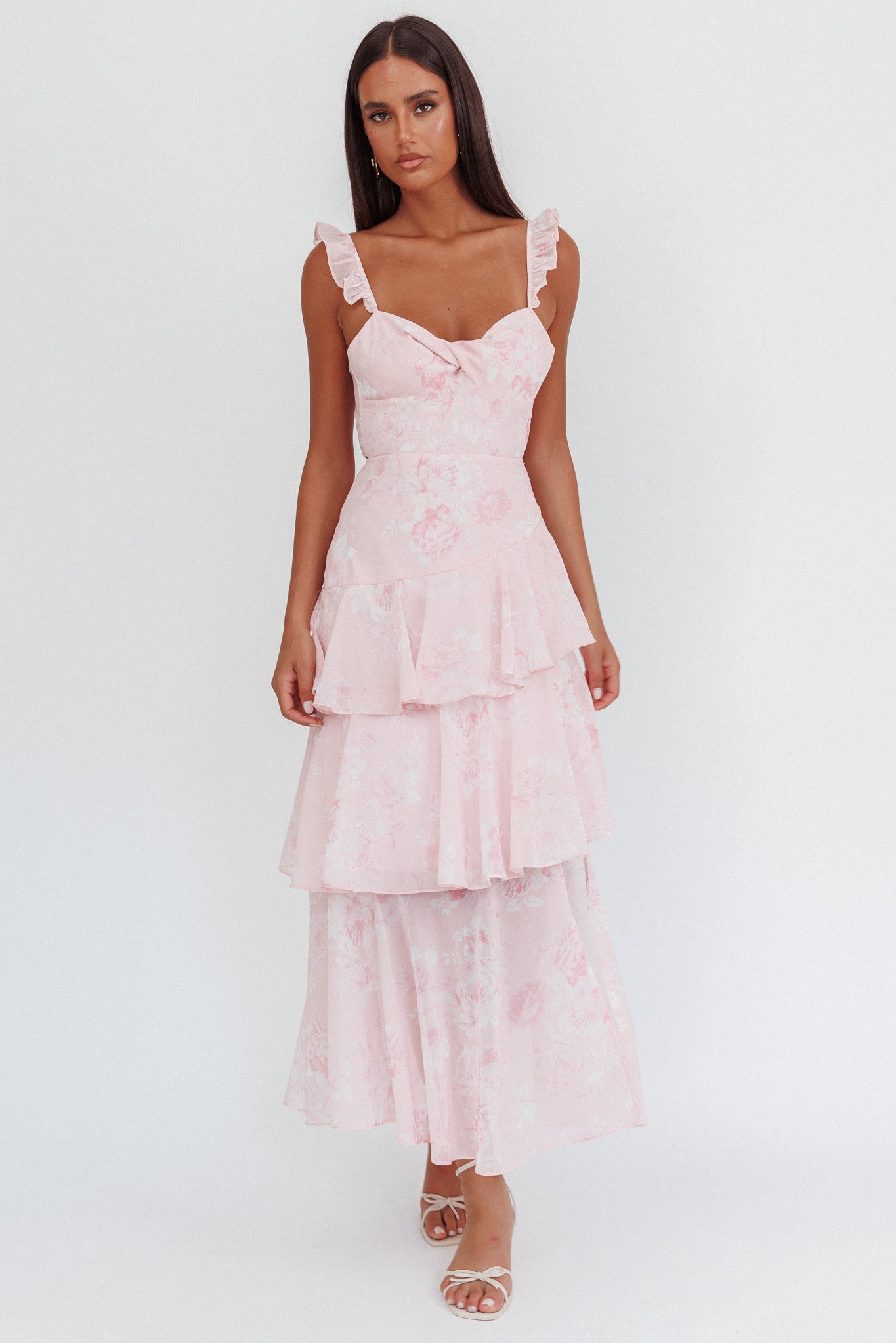 Veda Ruffle Strap Split Maxi Dress Roses Blush-Maymioy