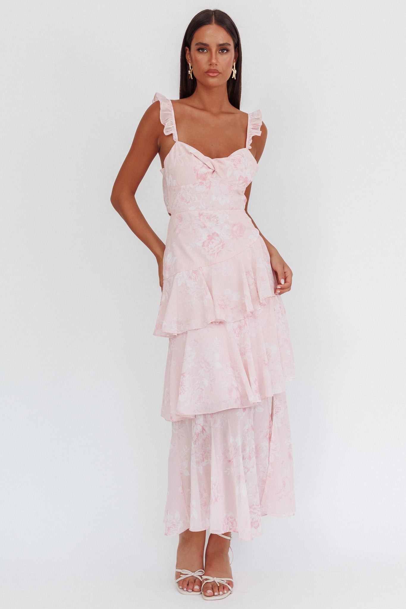 Veda Ruffle Strap Split Maxi Dress Roses Blush-Maymioy