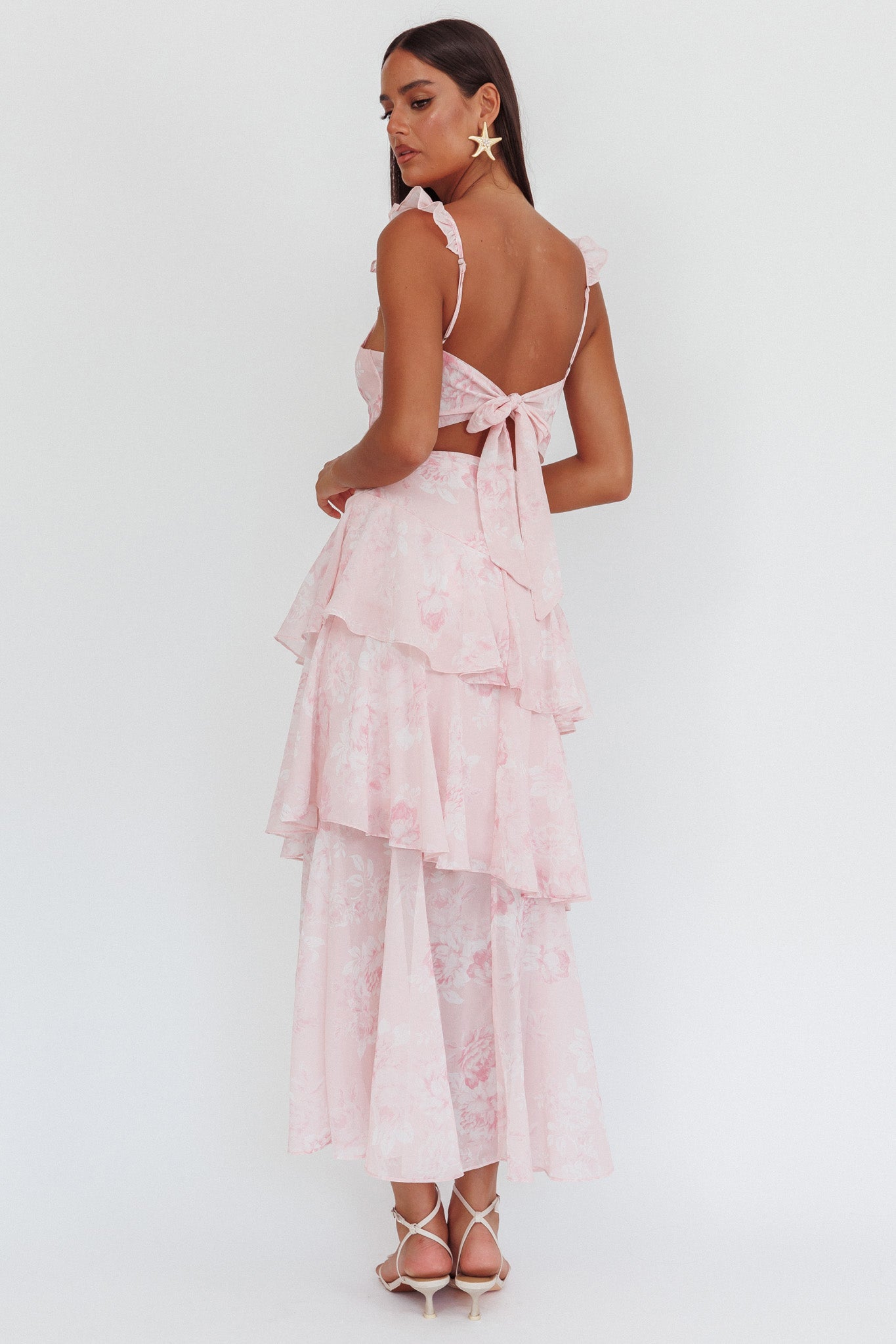 Veda Ruffle Strap Split Maxi Dress Roses Blush-Maymioy