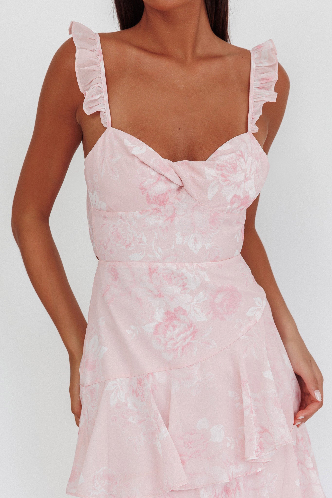 Veda Ruffle Strap Split Maxi Dress Roses Blush-Maymioy