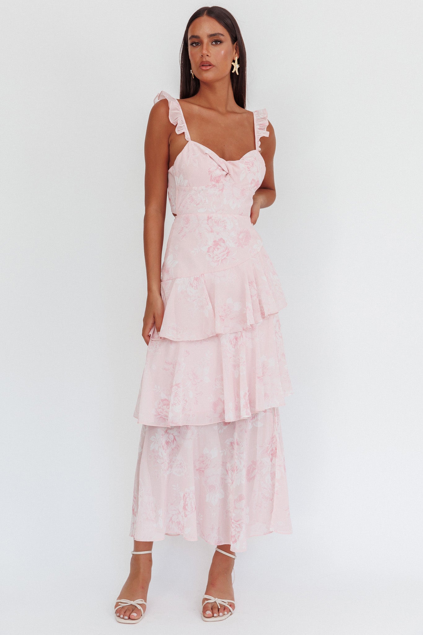 Veda Ruffle Strap Split Maxi Dress Roses Blush-Maymioy