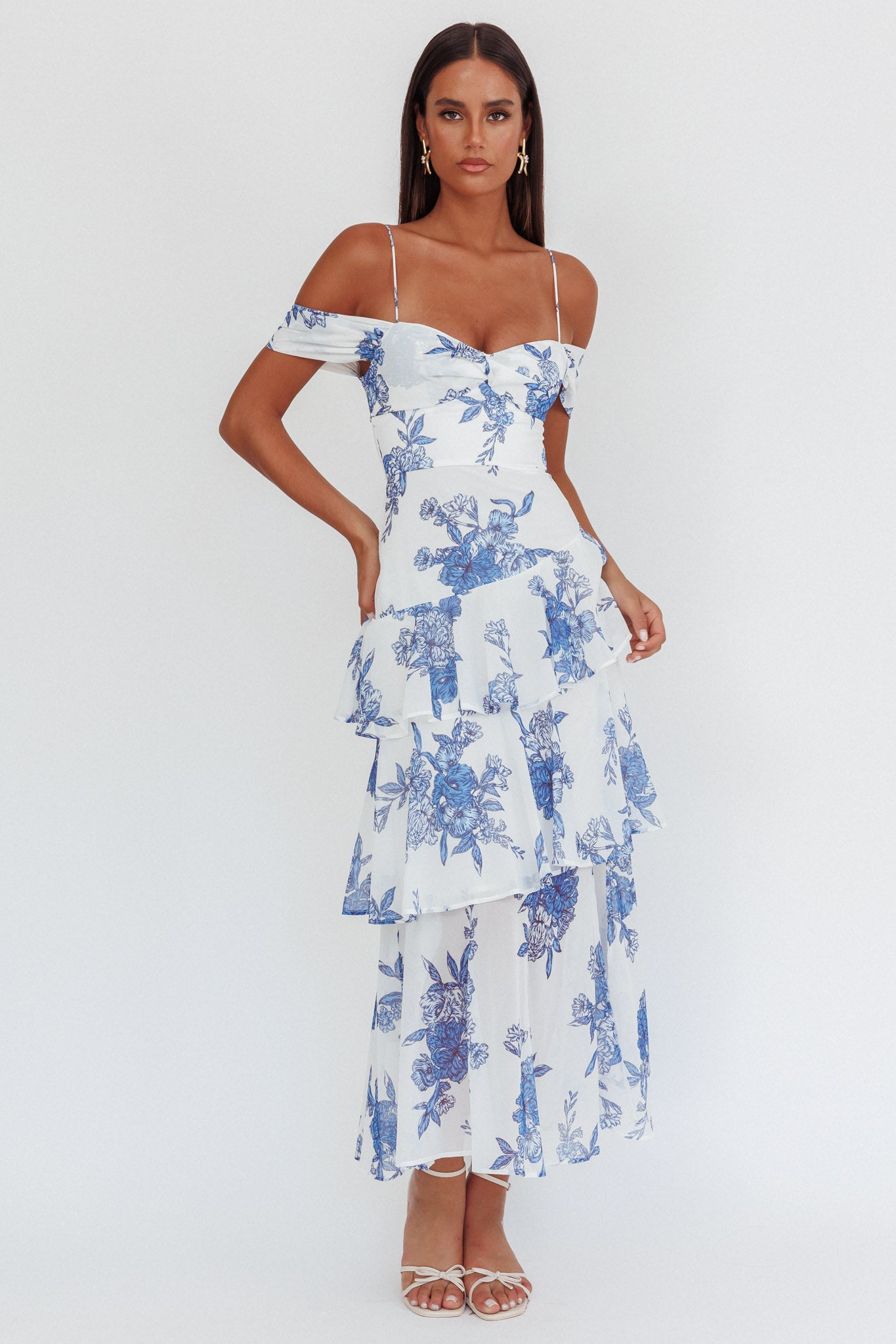 Veda Off-Shoulder Maxi Dress Floral Blue-Maymioy