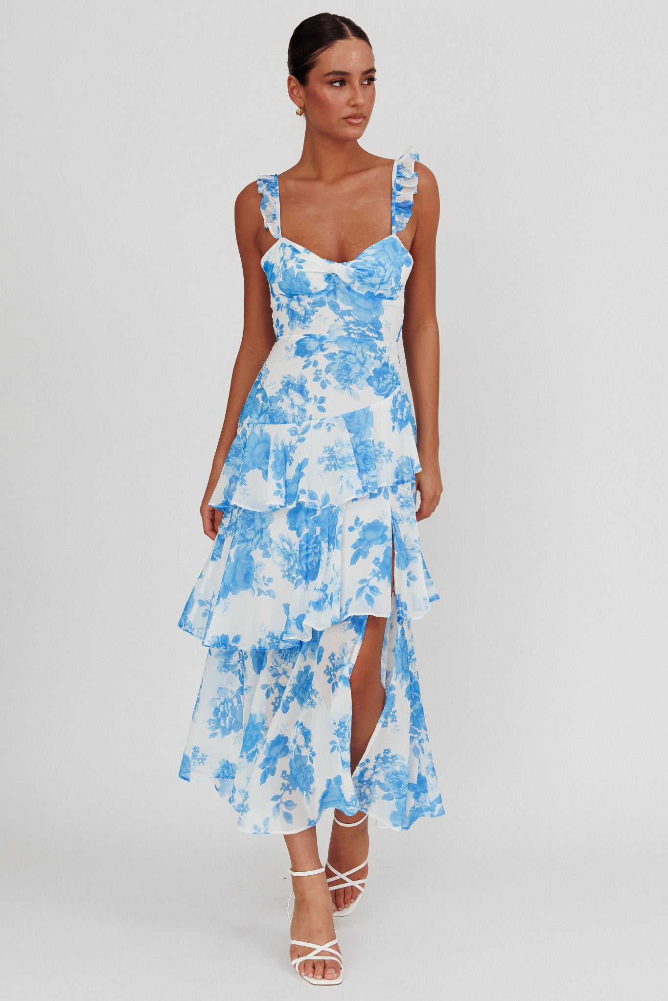 Veda Ruffle Strap Split Maxi Dress Floral White/Blue-Maymioy